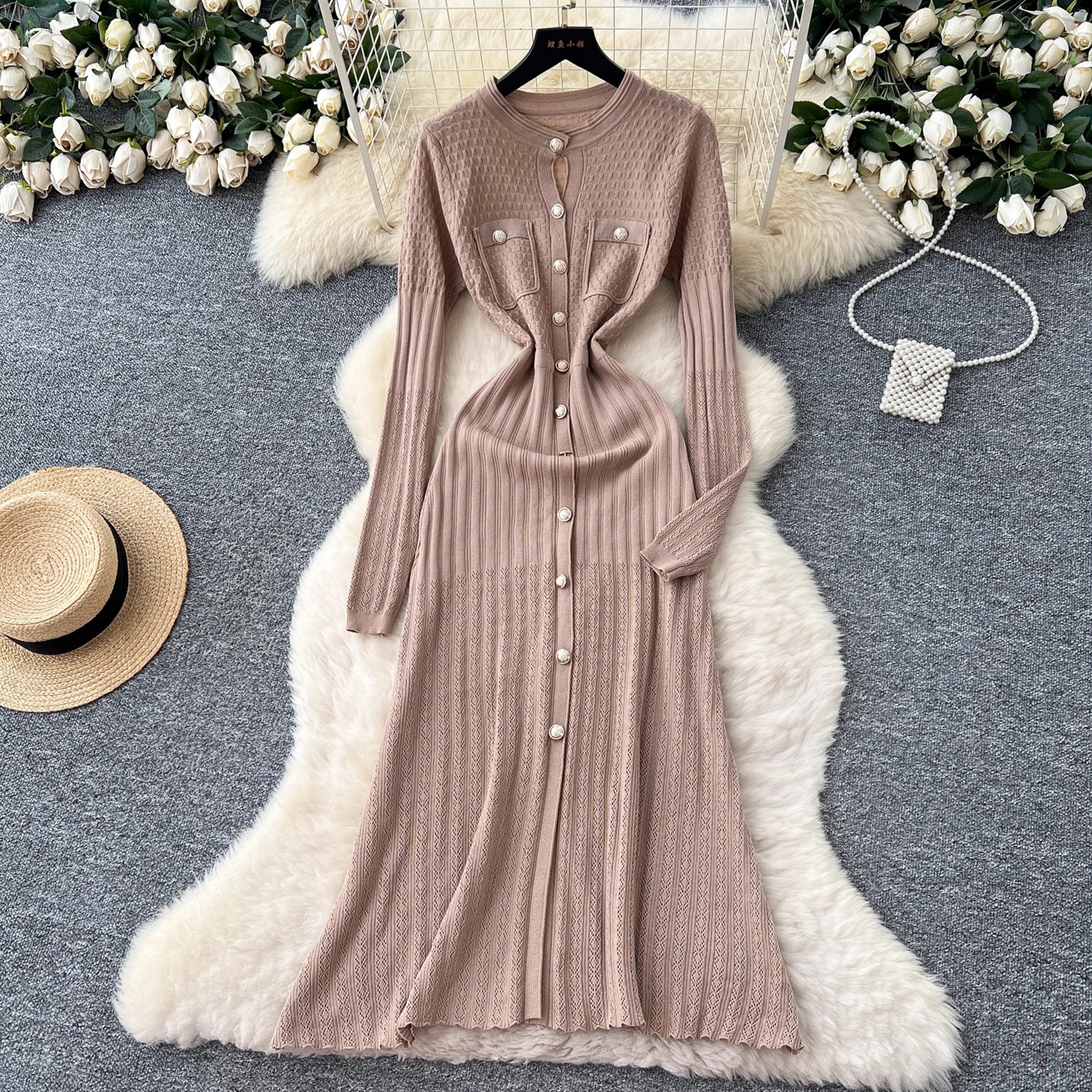 Womens A Line Knit Maxi Dress with Long Sleeves and Button Closure – view 4