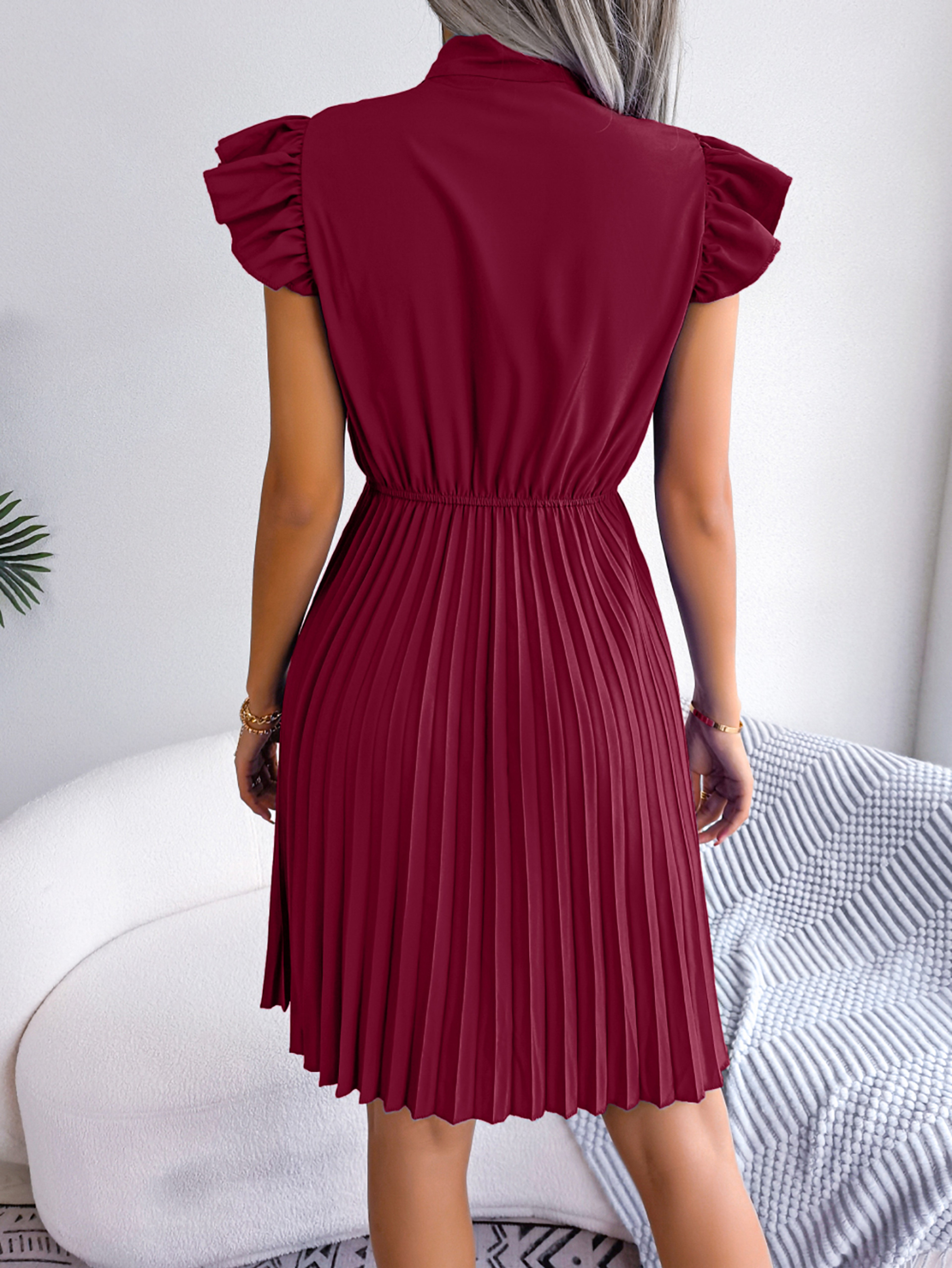 Womens Bow Neck Pleated Mini Dress with Butterfly Sleeves – view 2