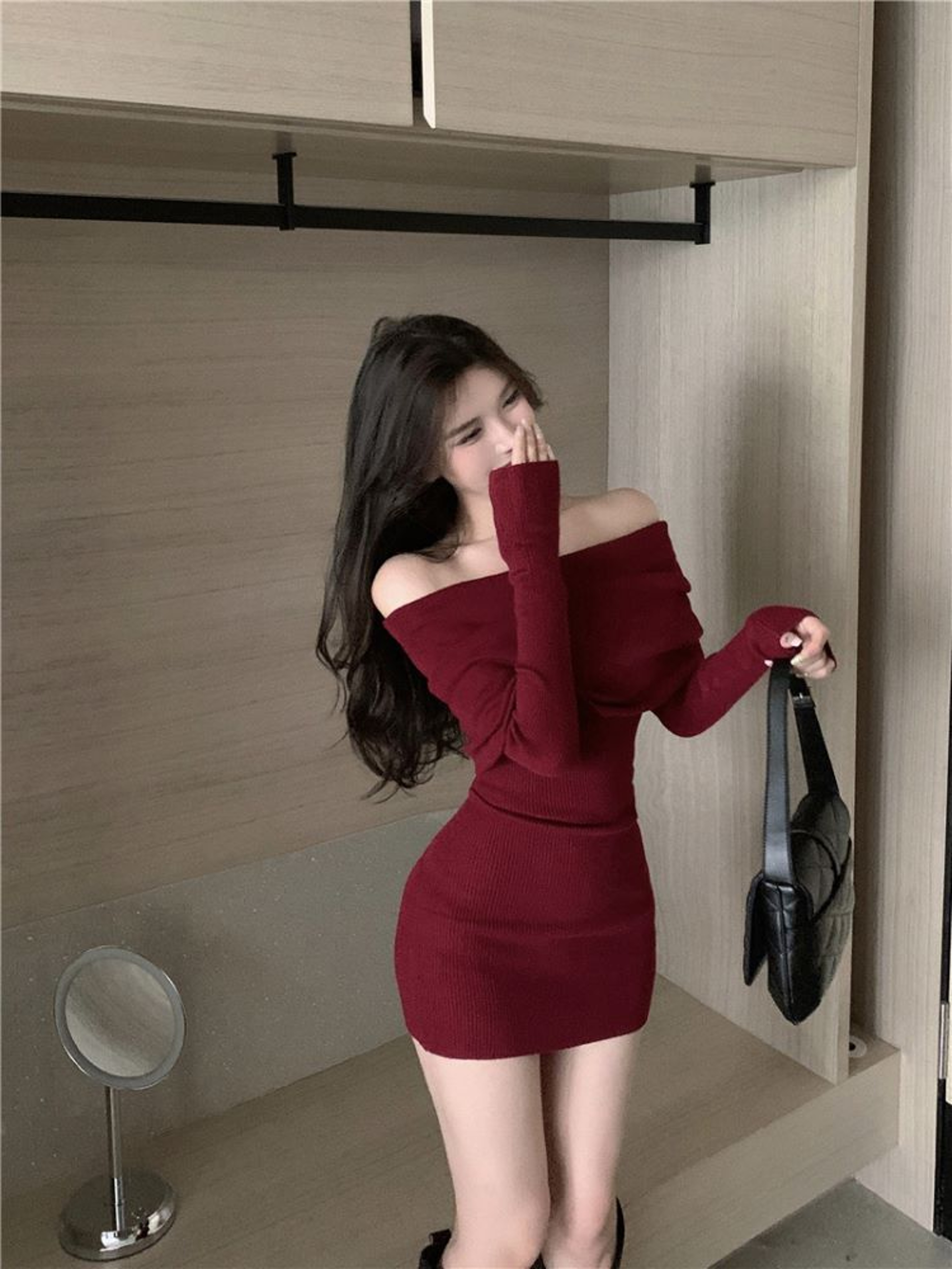 Womens Black Off Shoulder Bodycon Mini Dress with Long Sleeves – view 1