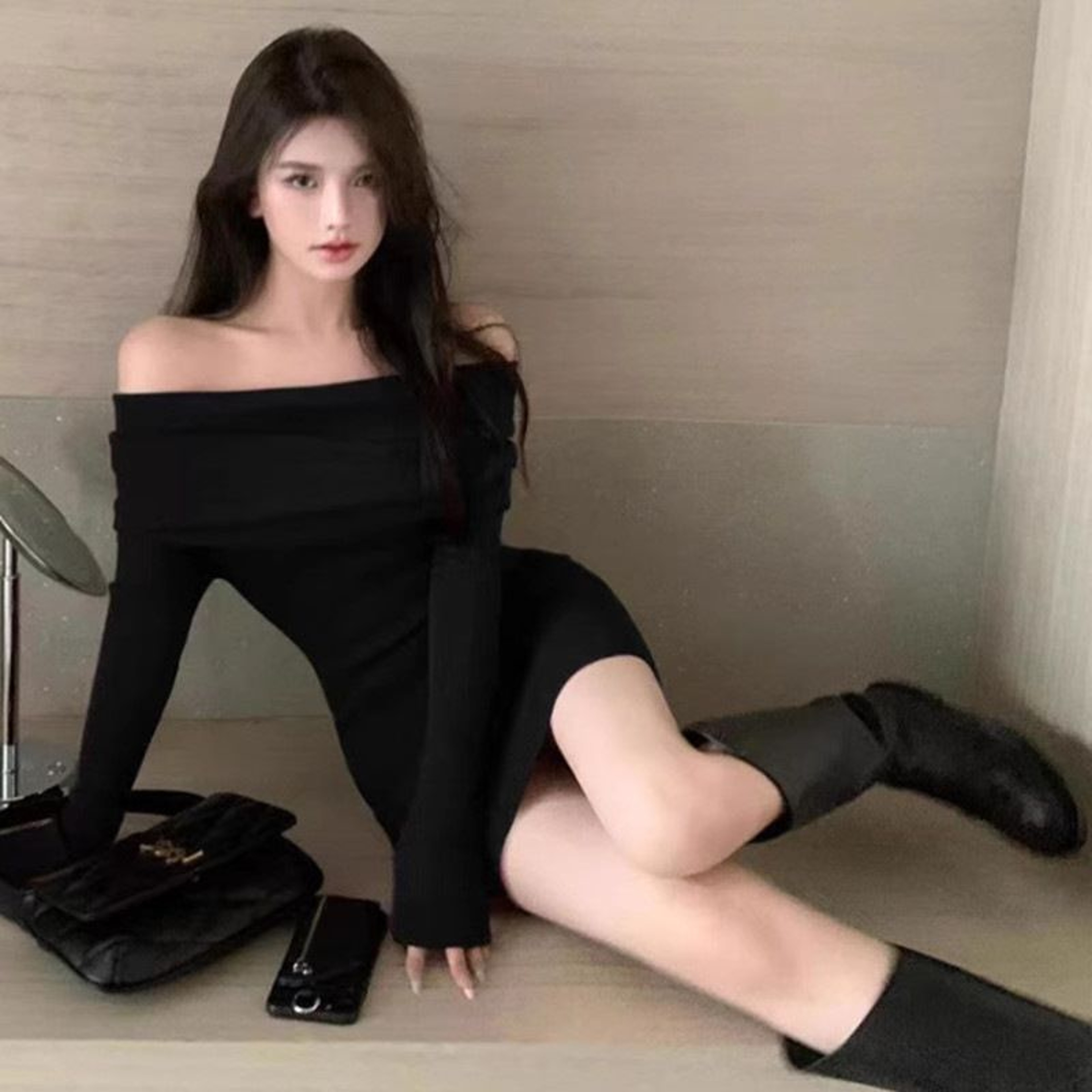 Womens Black Off Shoulder Bodycon Mini Dress with Long Sleeves – view 6