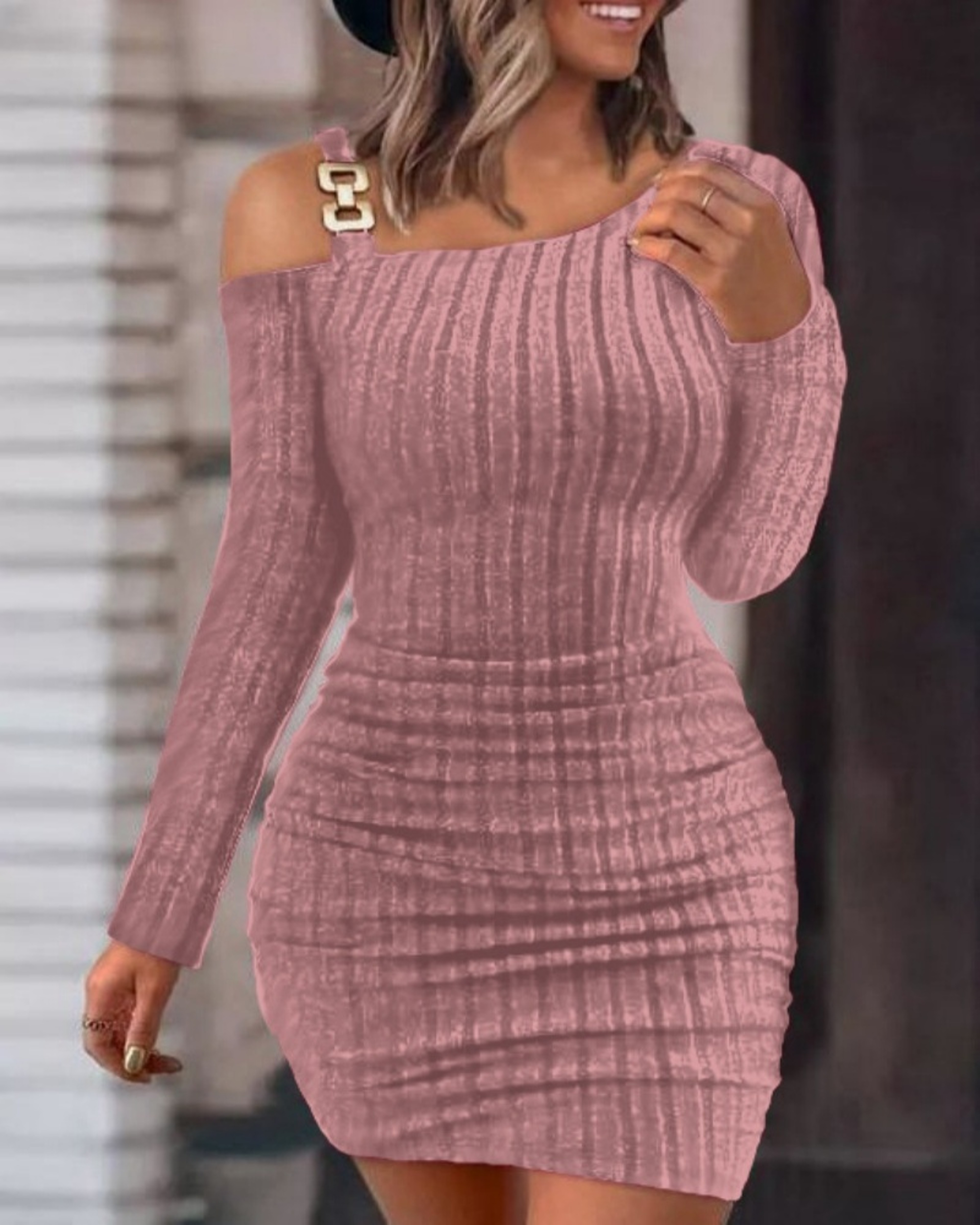 Womens Off Shoulder Bodycon Mini Dress With Long Sleeves And Stretch Knit Fabric 5