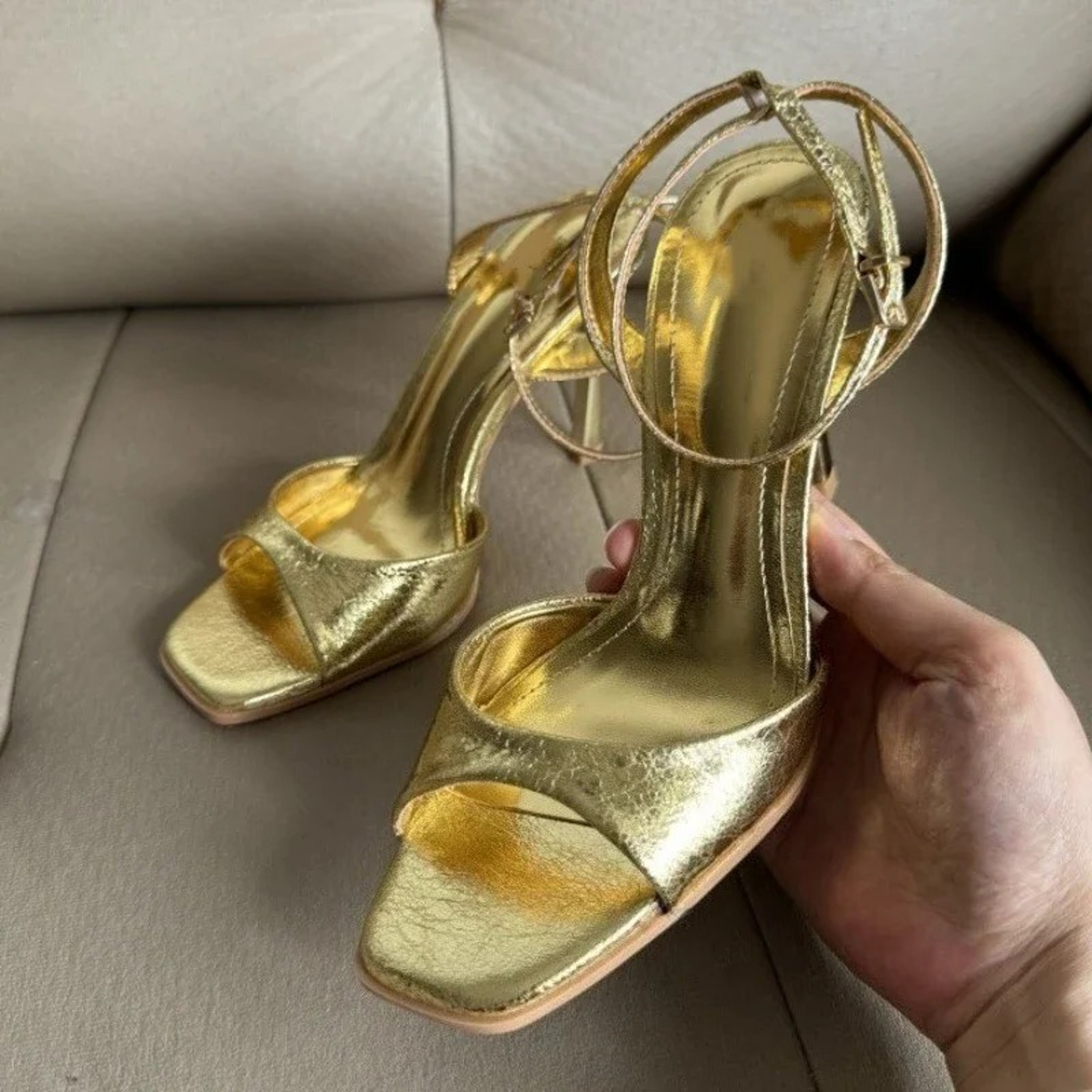 Womens Patent Leather High Heel Sandals with Square Toe and Ankle Strap – view 5