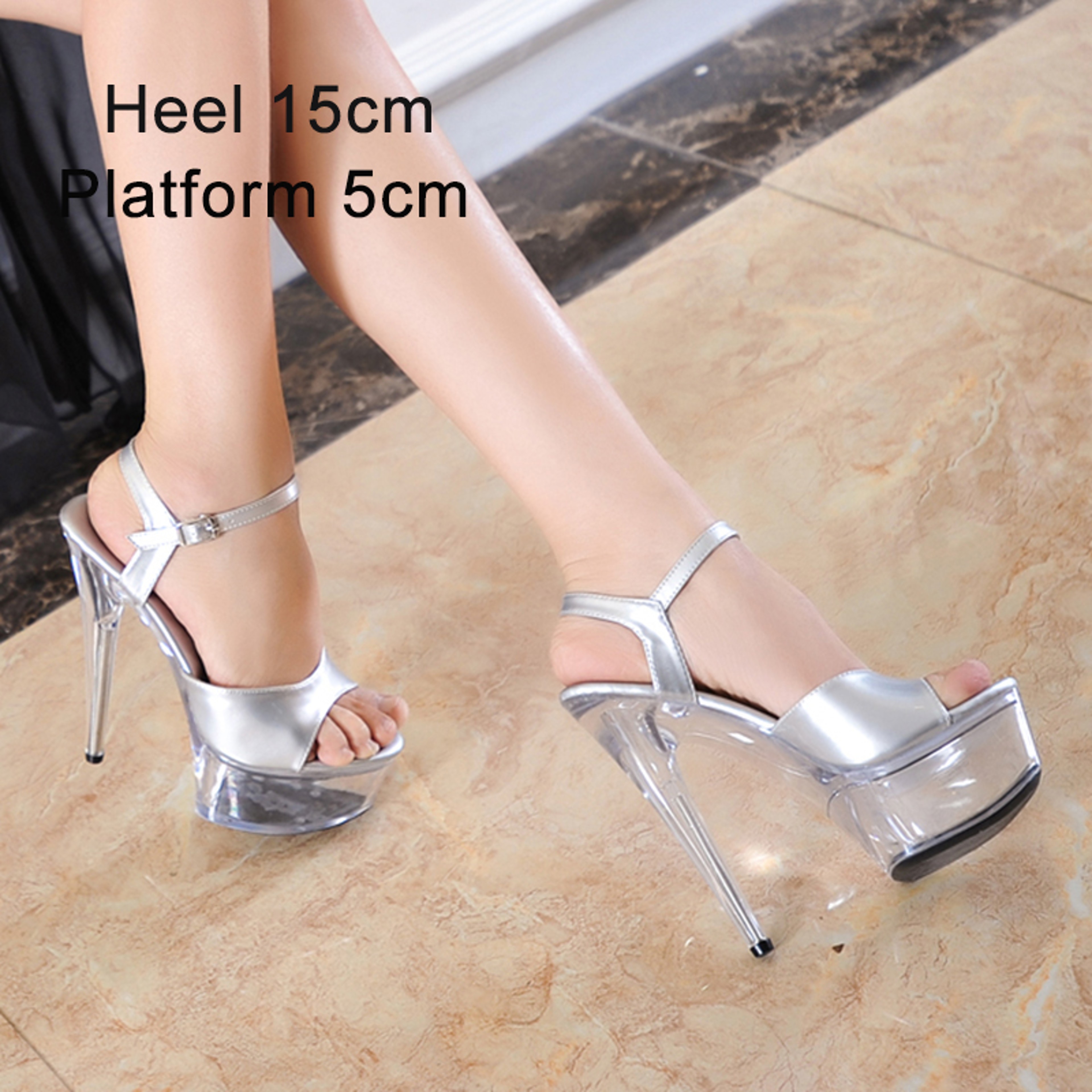 Womens Platform High Heel Sandals With Clear PVC Upper And Buckle Strap 12