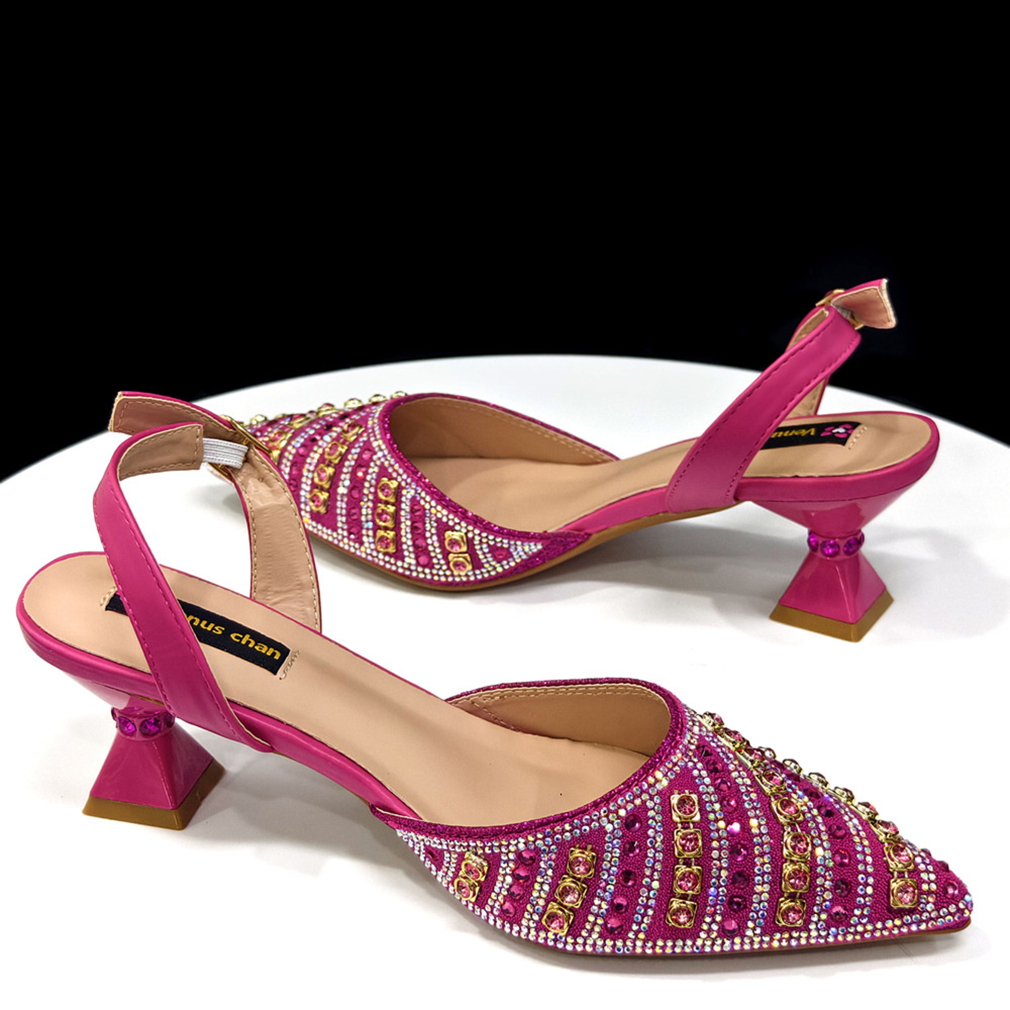 Fuchsia Rhinestone Pointed Toe Slingback Heels and Matching Bag Set – view 6