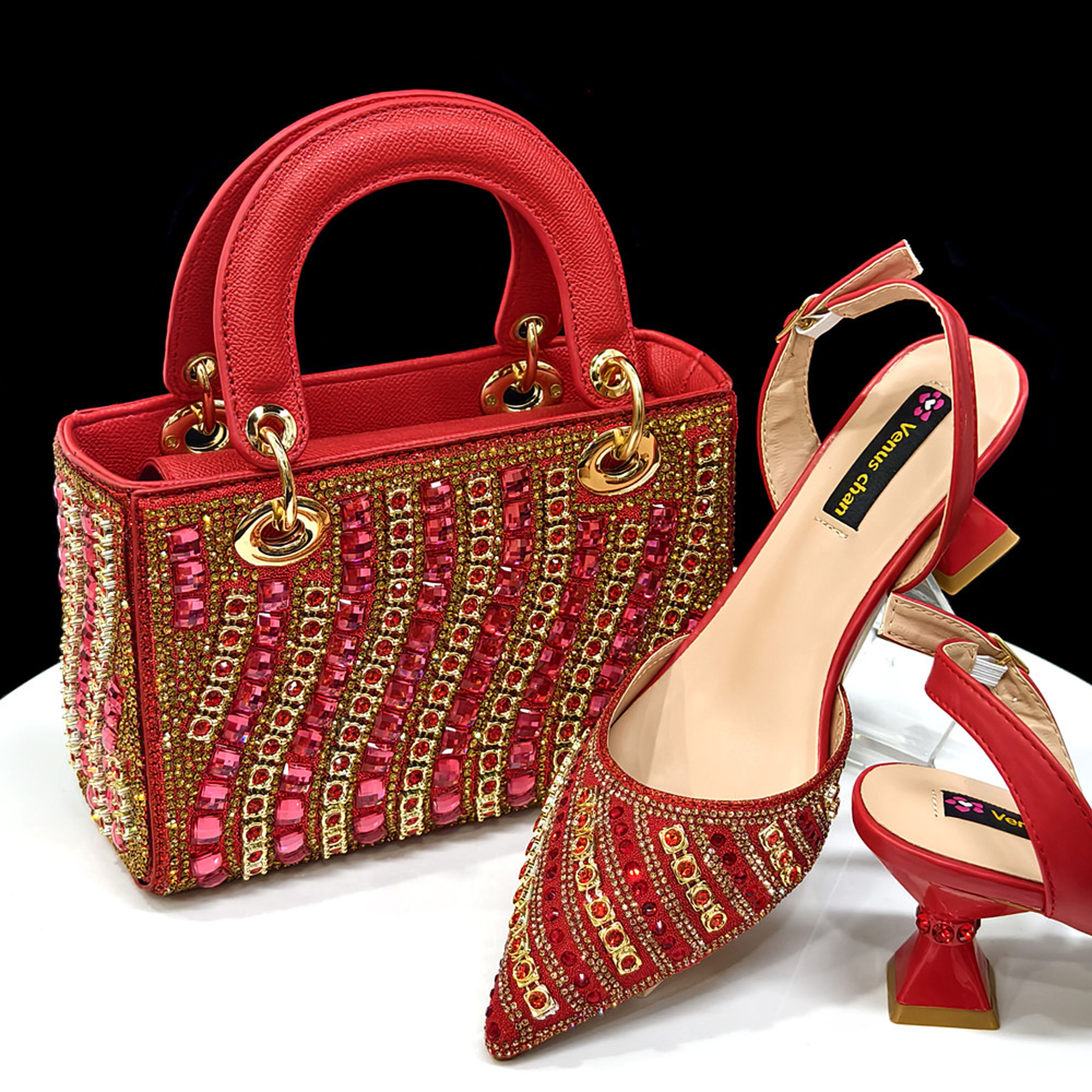 Fuchsia Rhinestone Pointed Toe Slingback Heels and Matching Bag Set – view 12