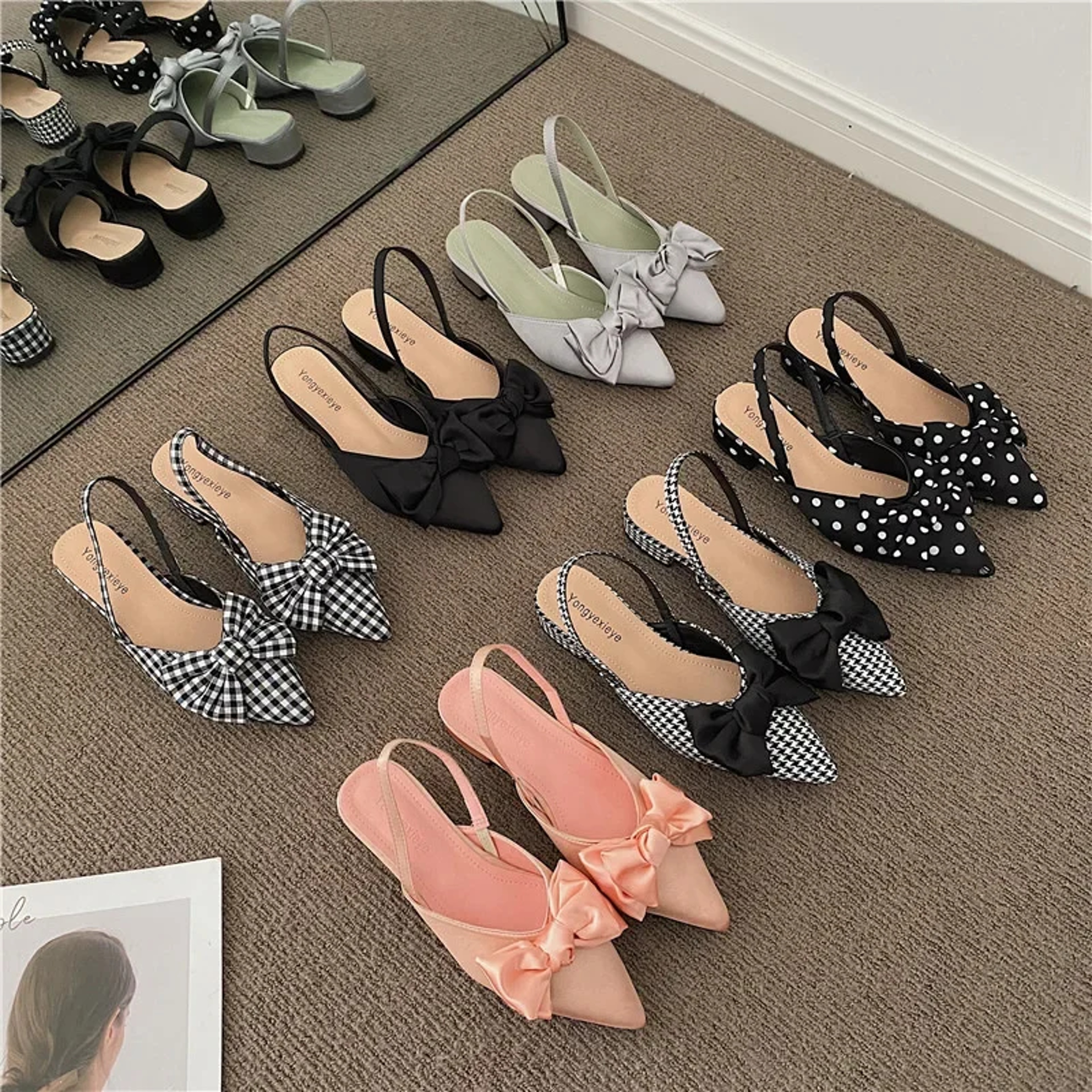 Womens Pointed Toe Low Heel Mule Sandals with Butterfly Knot Detail – view 6