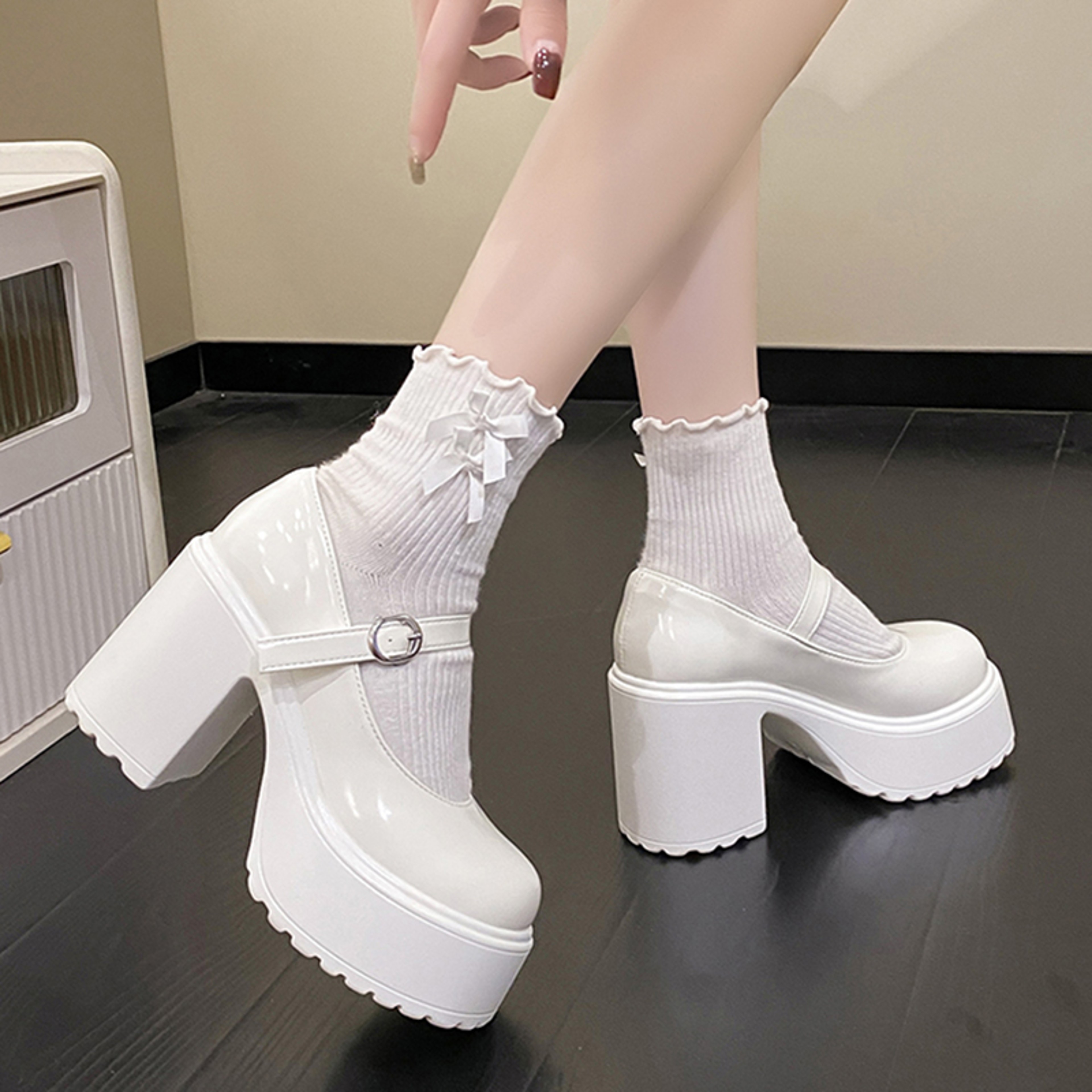 Womens Chunky Platform Mary Jane Pumps With Buckle Strap And High Heels 0