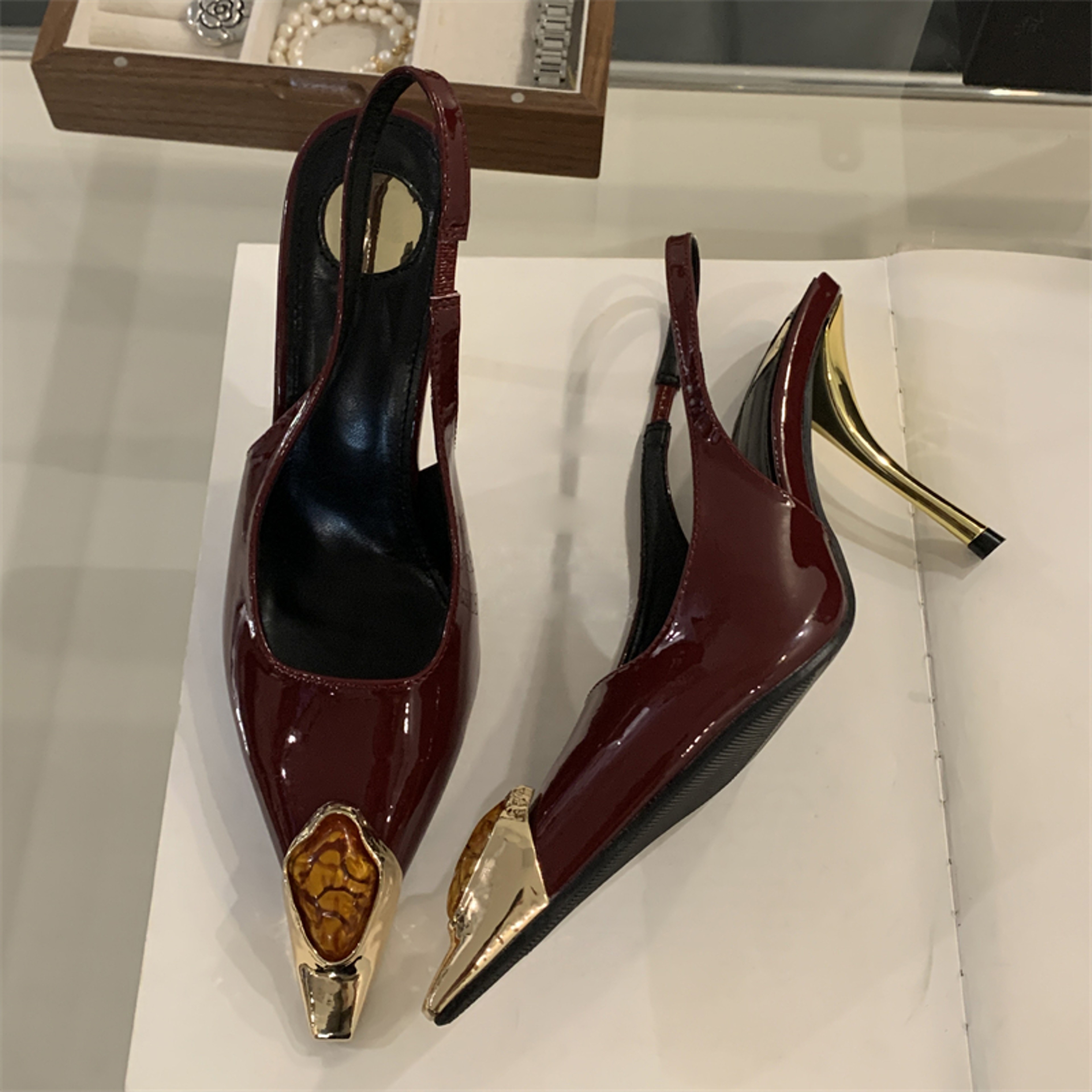 Womens Pointed Toe Slingback Pumps With Thin Heels And Buckle Strap 4