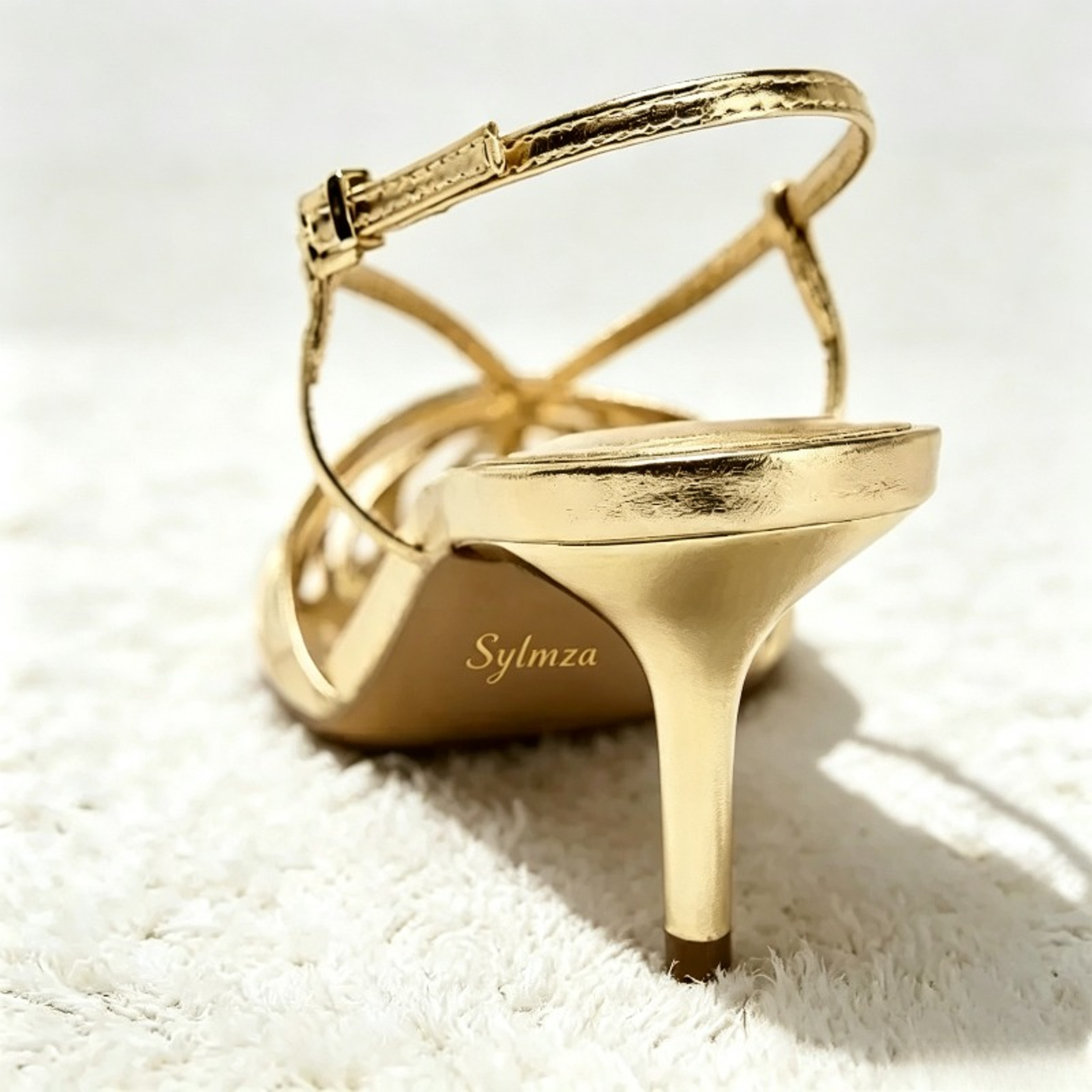 Womens Gold Pointed Toe Slingback High Heels With Buckle Straps 3