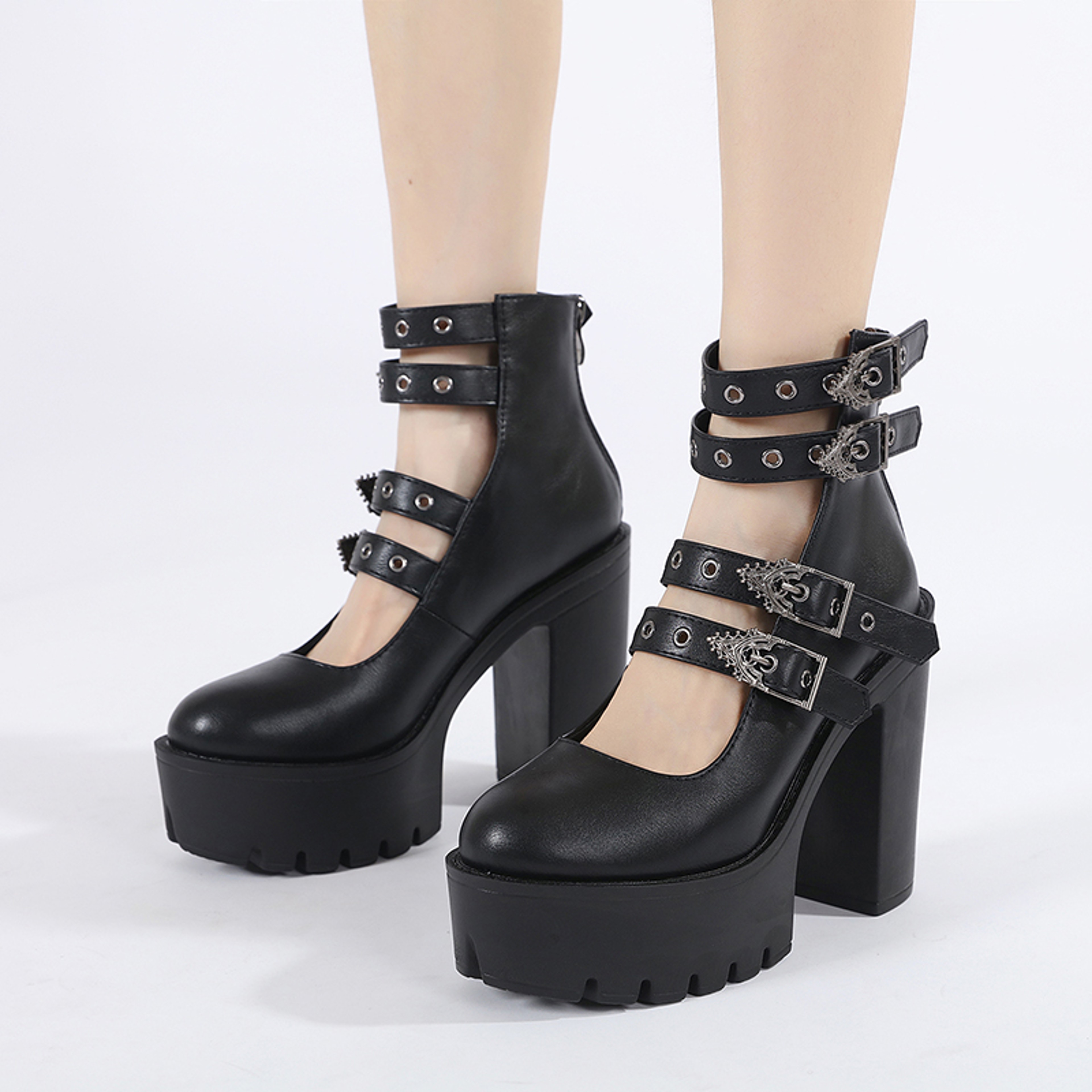 Womens Gothic Platform Mary Jane Heels with Buckle Straps and Back Zipper – view 1