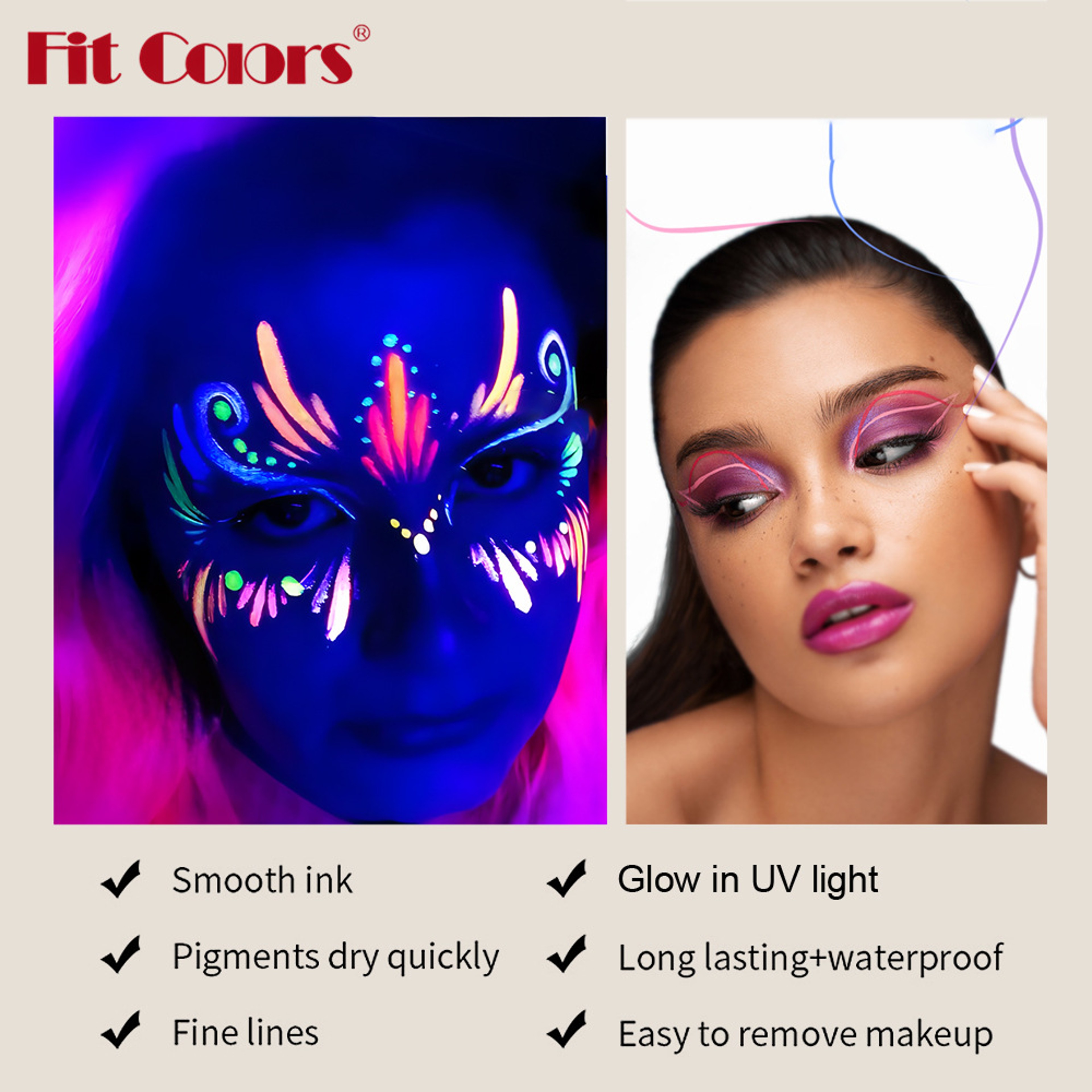 Colorful Liquid UV Waterproof Eyeliner, Fluorescent Face Body Paint Pen, Long Lasting Easy to Remove, Neon Glow – view 5