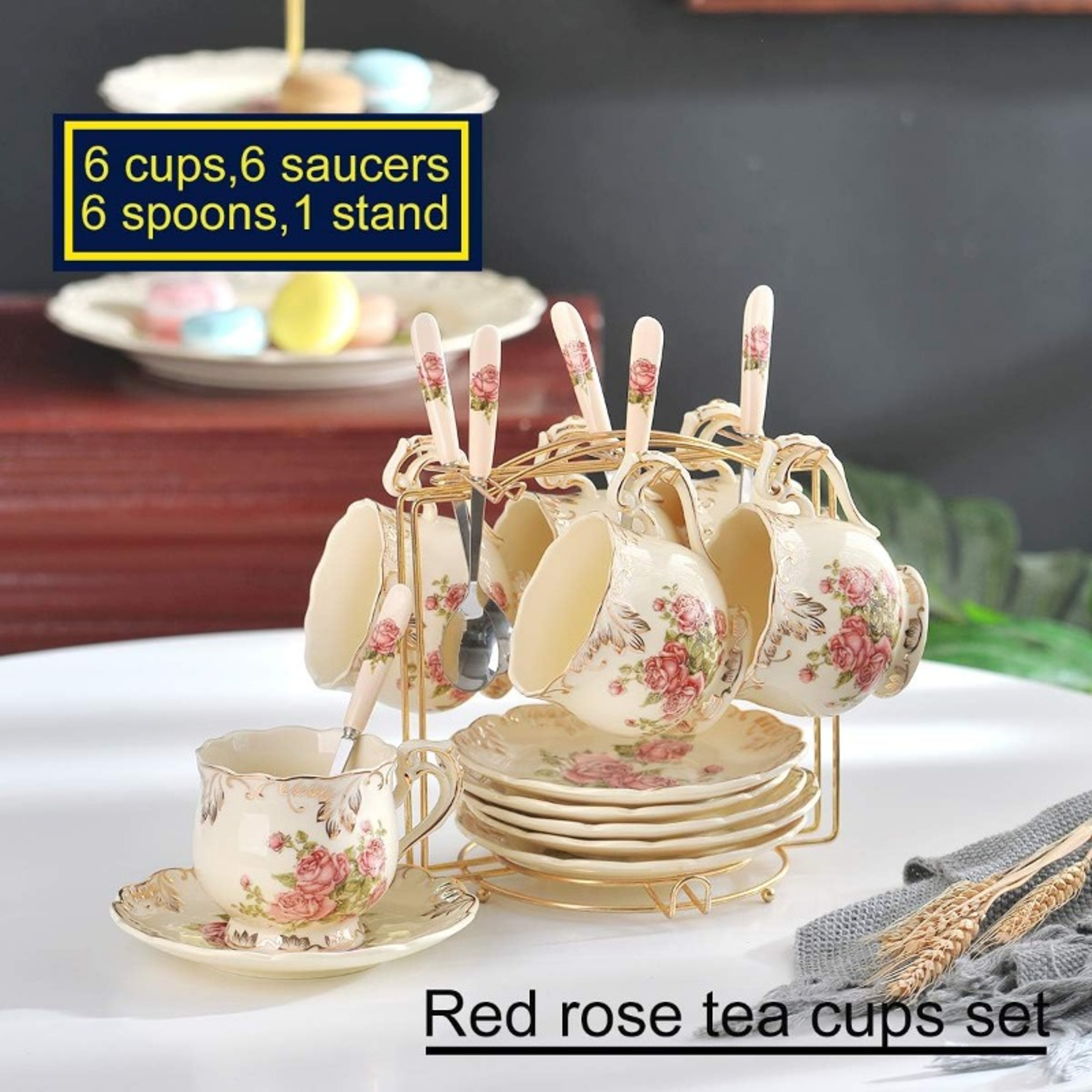 Tea Cups and Saucers Set of 6, 8 Oz Vintage Floral Porcelain Tea Cups Set, Coffee Cups with Golden Rack – view 2