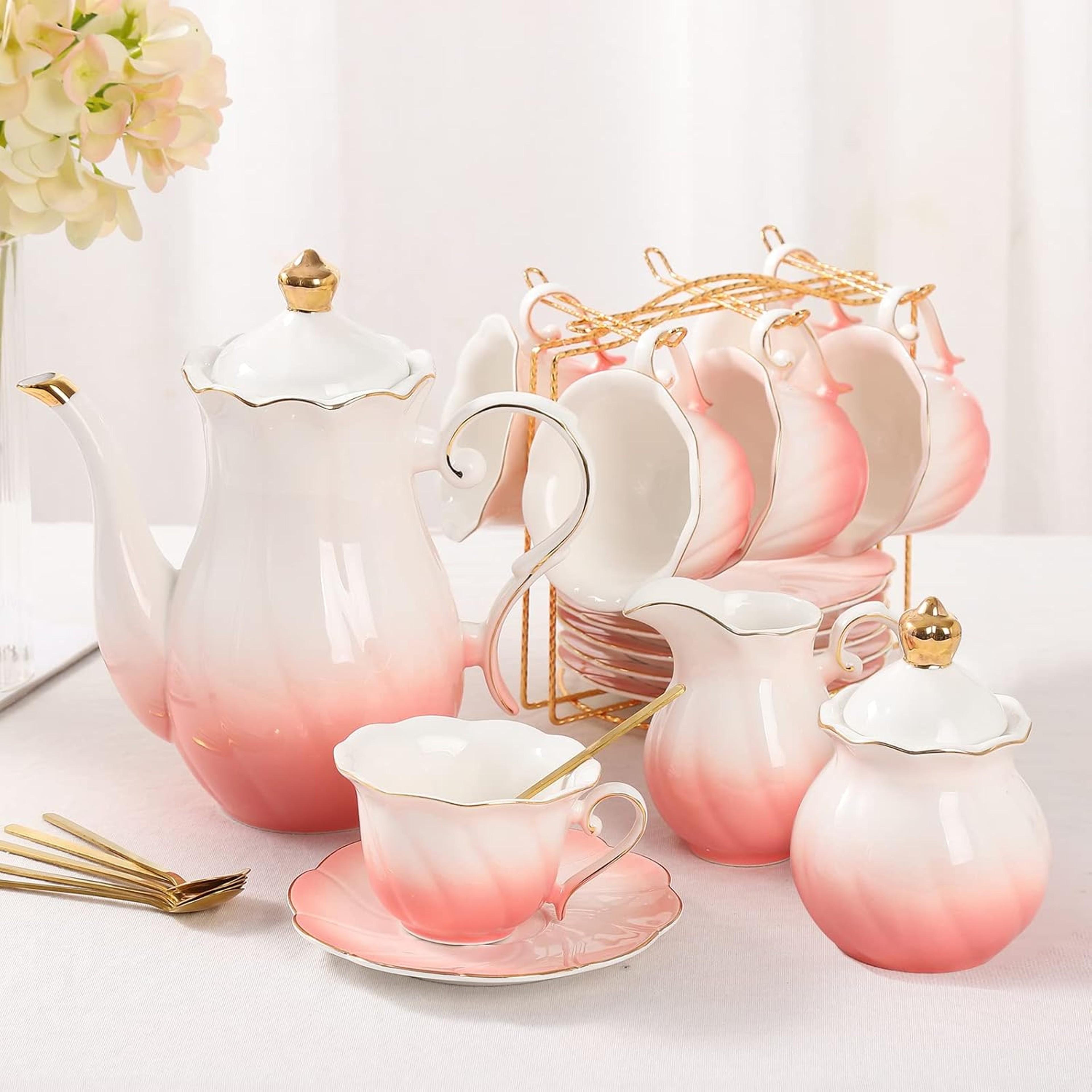 22Piece Porcelain Tea Set For 6  Luxury British Style Tea  Coffee Cups With Golden Trim 5