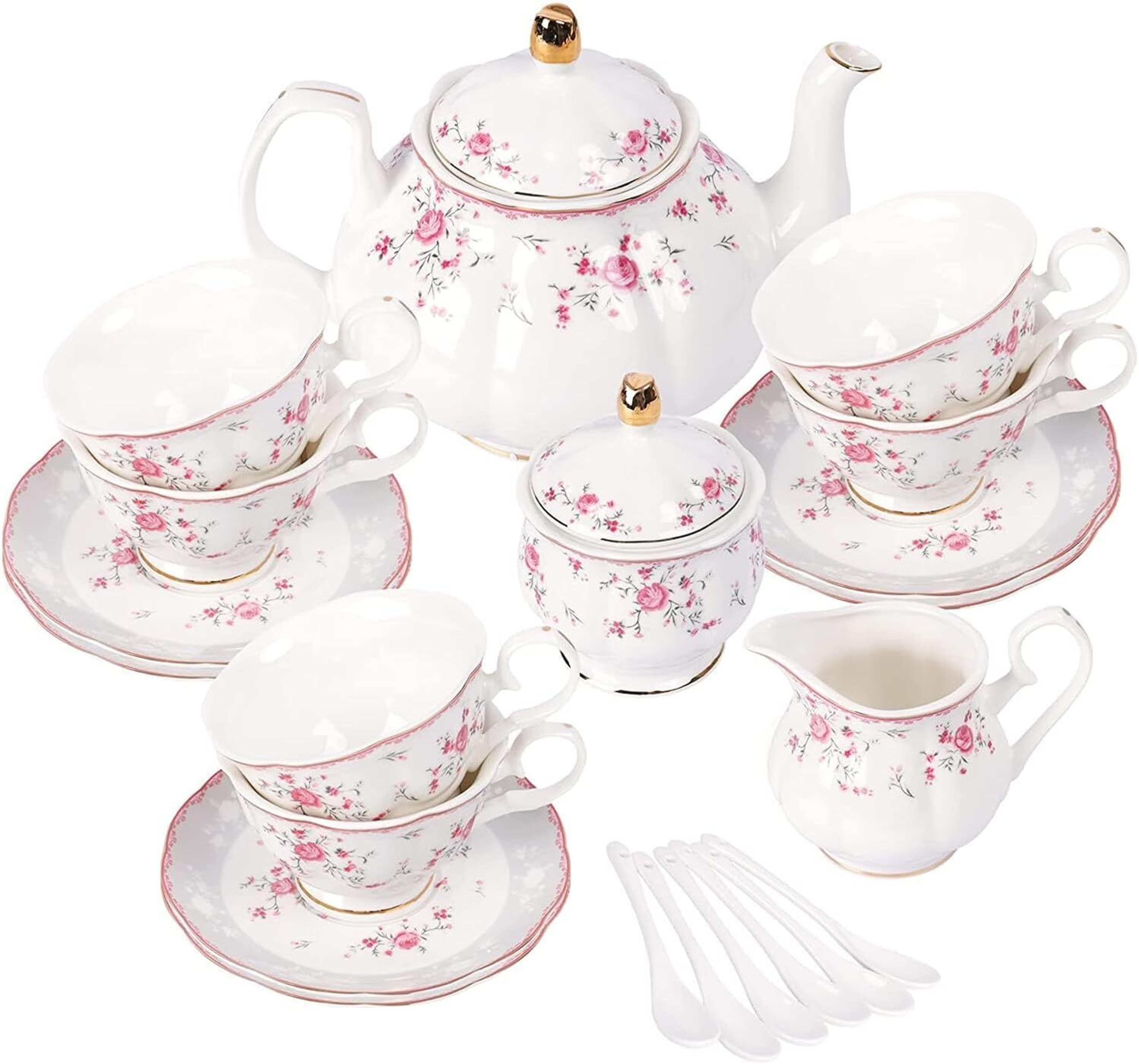 Elegant Porcelain Tea Sets For Adults  Floral Tea Cups Set Of 6 With Sugar Bowl  Creamer 9