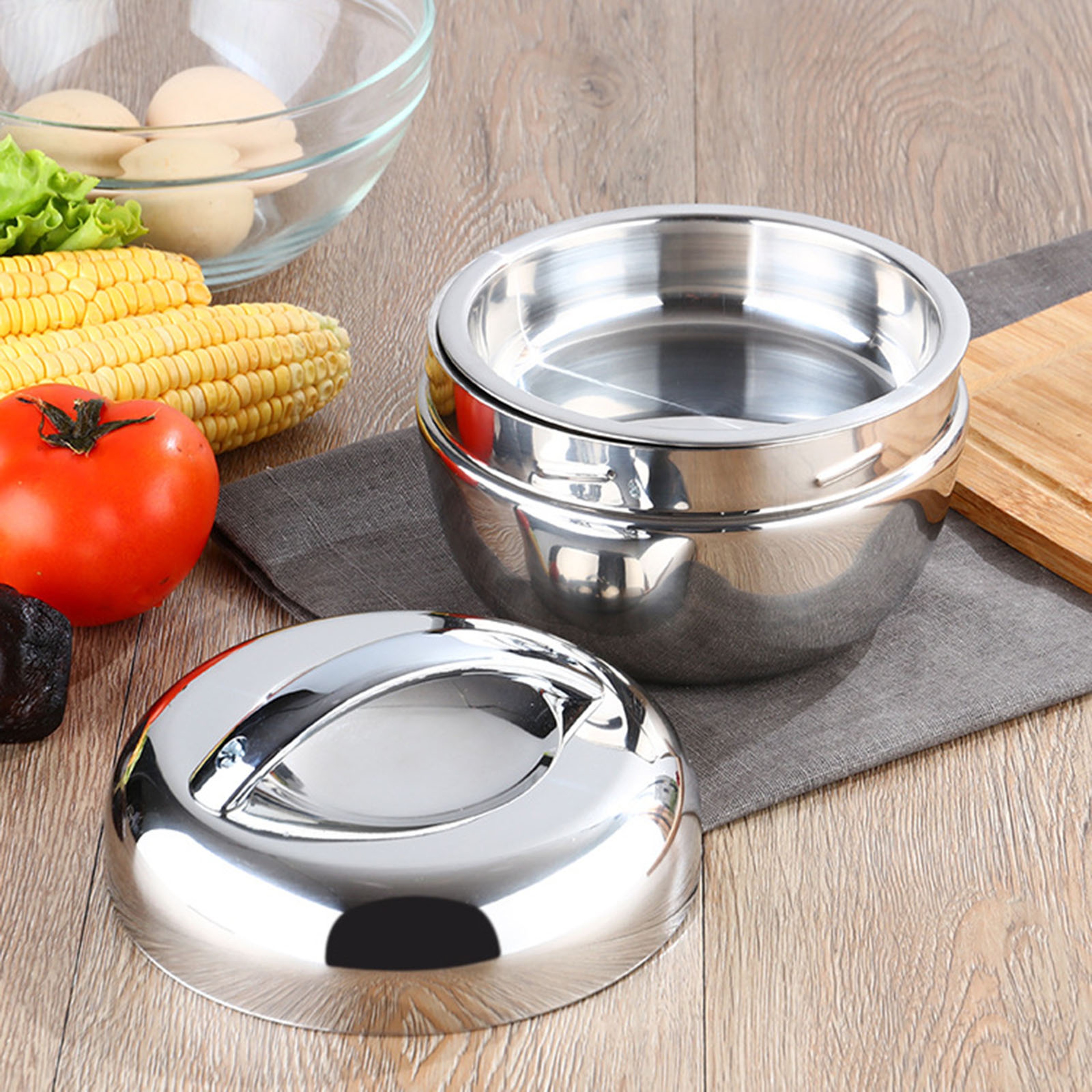 Hot Food Lunch Bento Box, Stainless Steel Thermo Insulated, Round Noodle Bowl, Double Layer Fast Food Storage Container – view 3