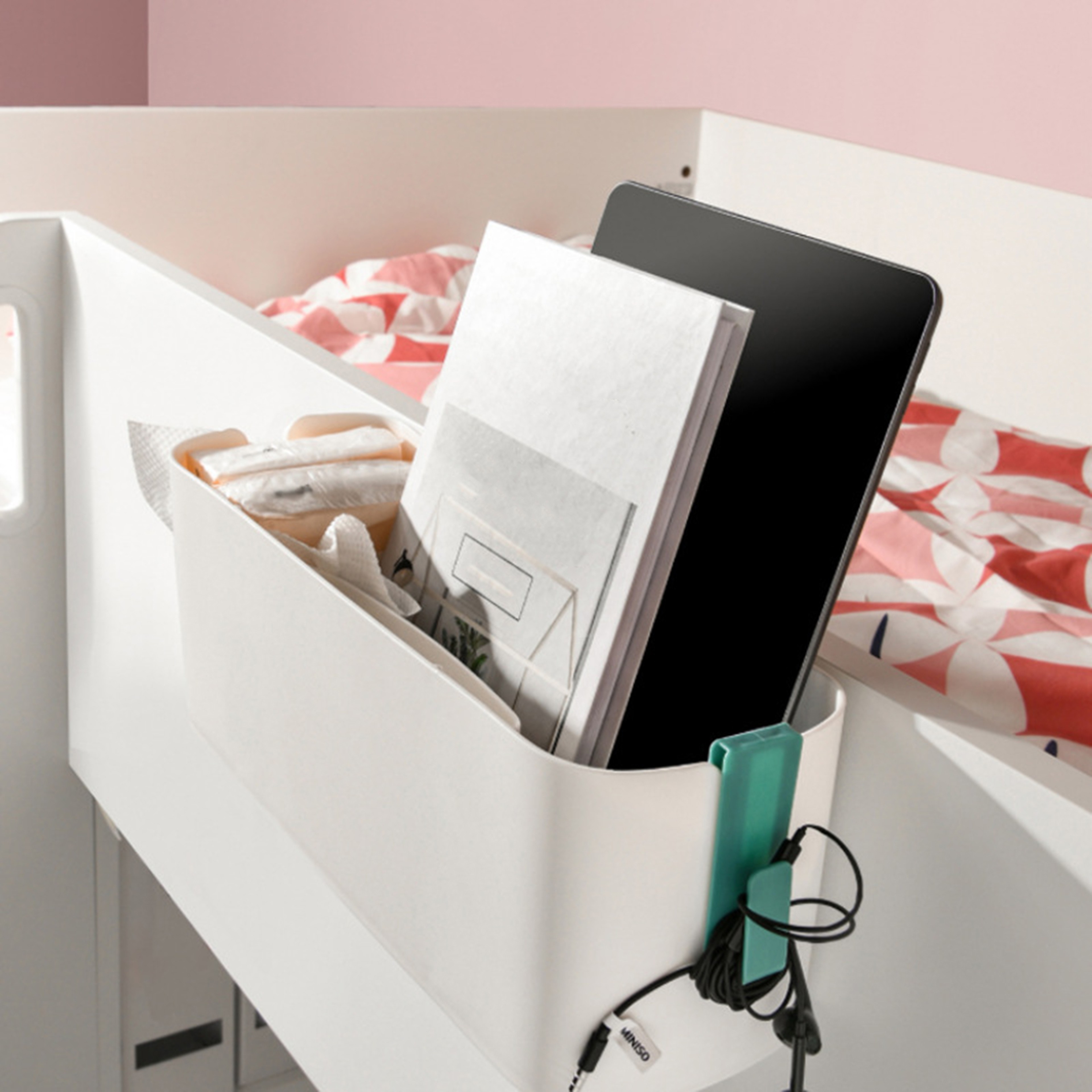 Bedside Storage Caddy Magazine Holder, Bed Hanging Bag Organizer for Phone, Books, Crib Rail, Double Hook Storage Box – view 2