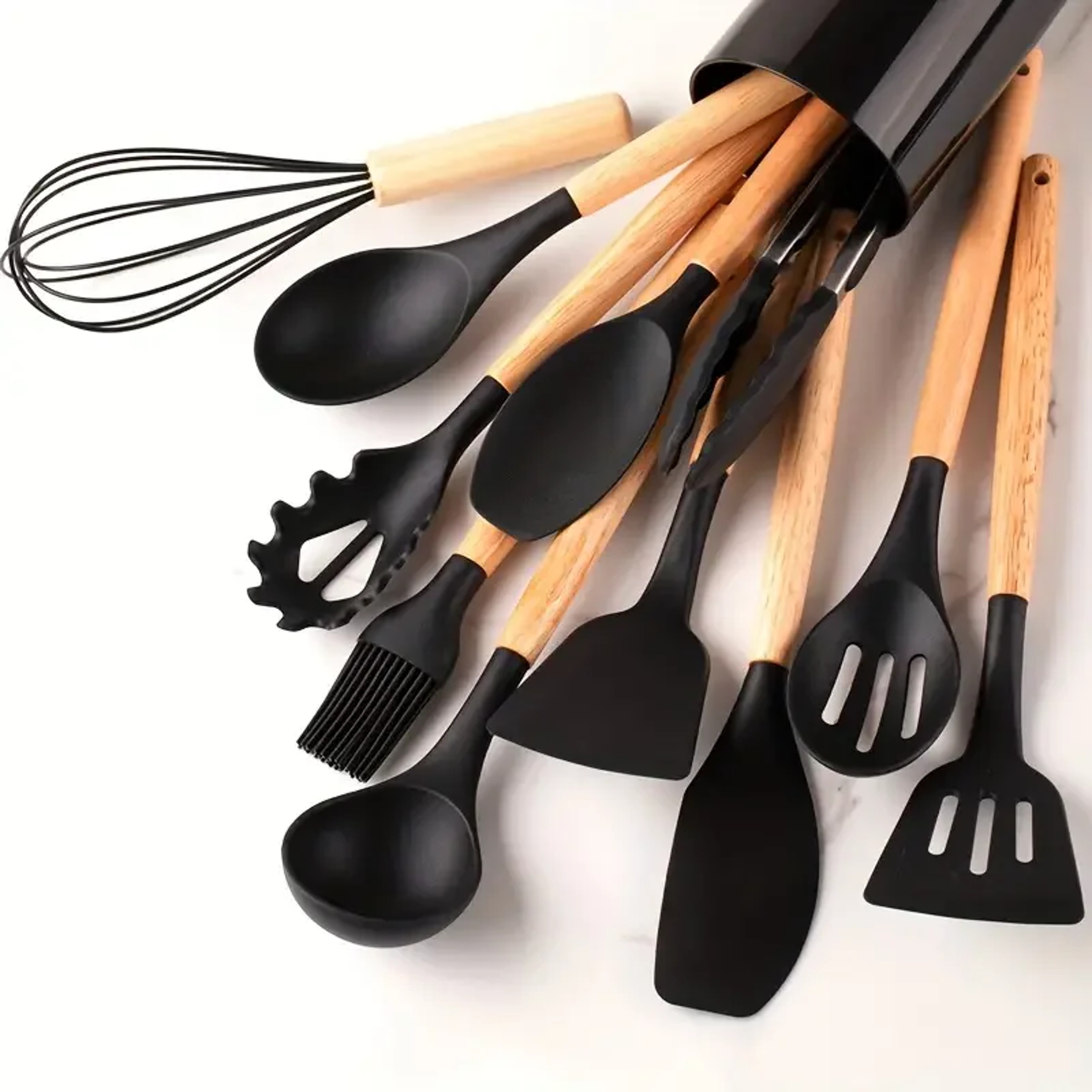 Multi-color Silicone Kitchenware Set, Wooden Handle Non Stick Pot Spatula Spoon Cooking Utensils, Heat-Resistant – view 8