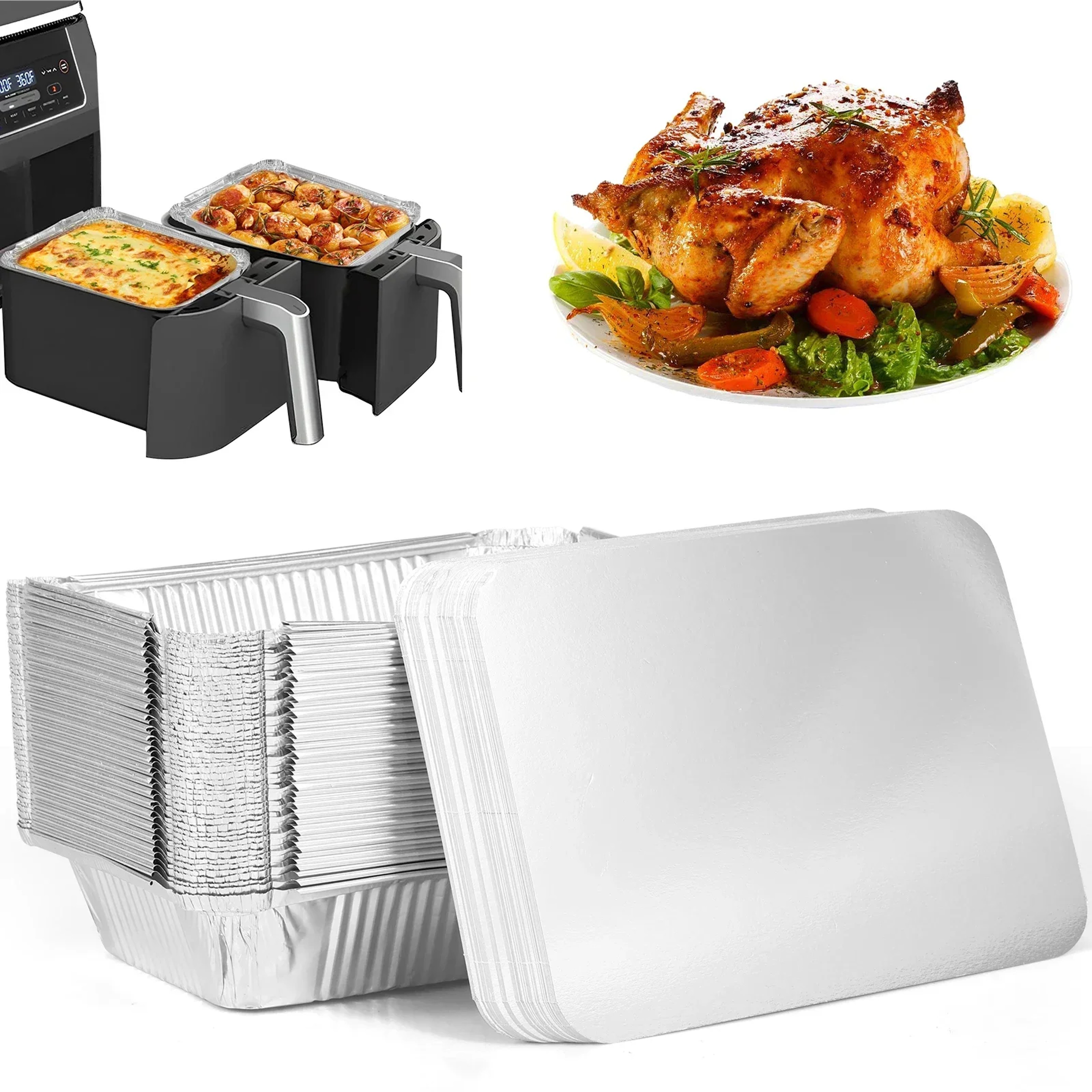 Aluminum Foil Trays with Lids, Non-Stick Baking Pans, Food Grade BBQ Bowl for Air Fryer, Oven, Baking, Cooking, Kitchen – view 1