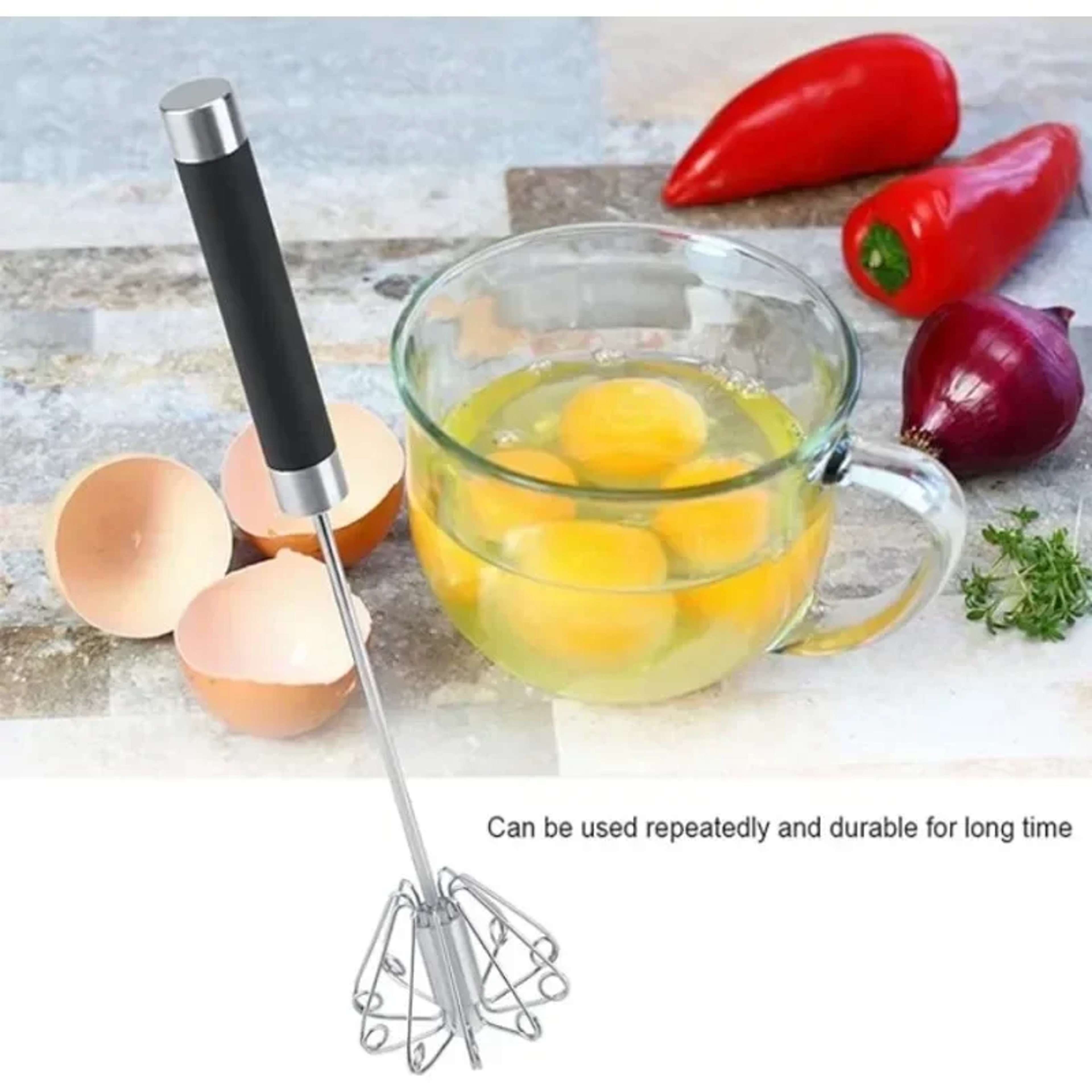 Rubber Semi-automatic Egg Beater, Rotatable Stainless Steel Kitchen Mixer, Manual Whisk for Egg Beating, Whipping, Milk – view 4