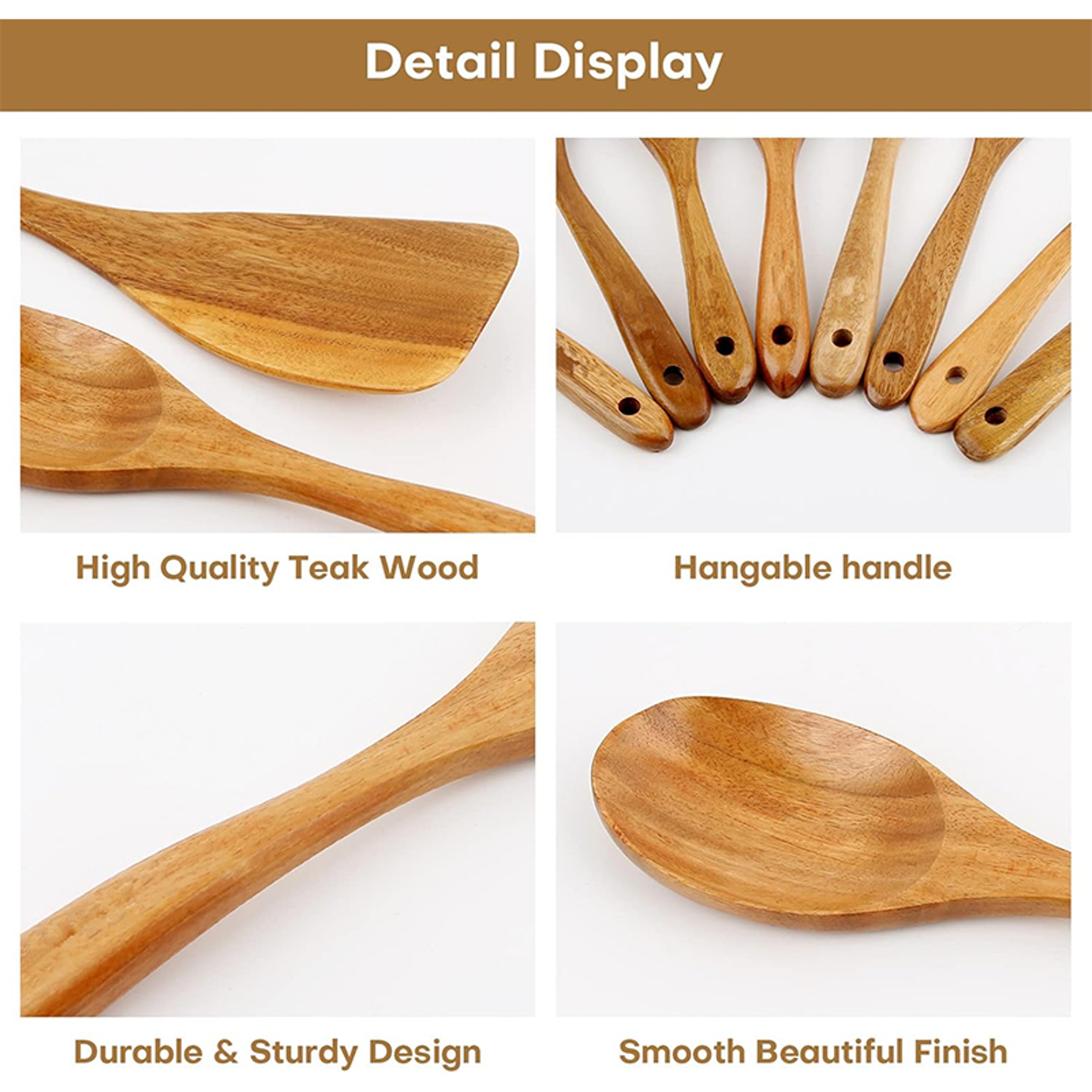 Natural Teak Wooden Kitchen Utensil Set, Wooden Spoons and Spatula, Cooking Utensil Set for Baking – view 3