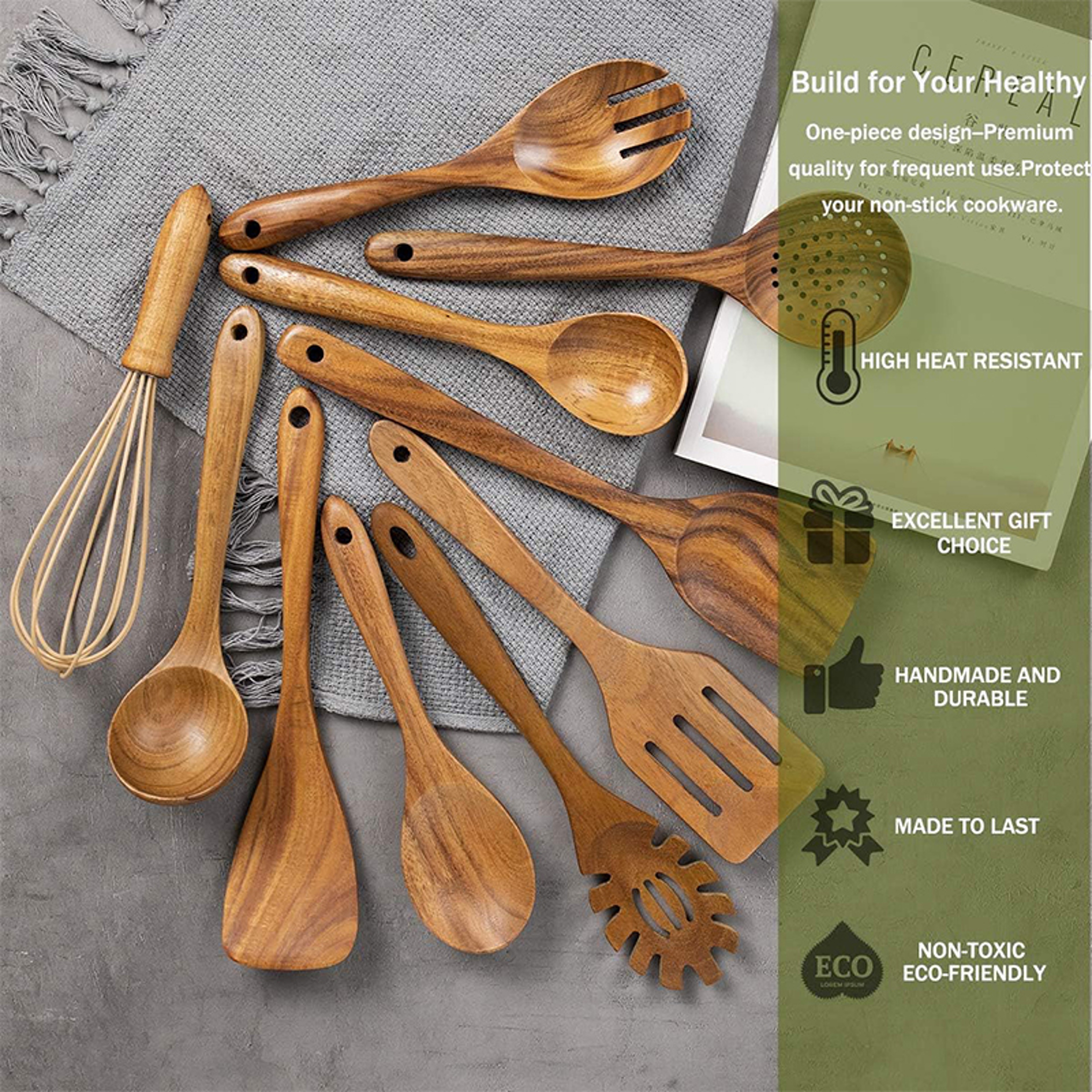 Natural Teak Wooden Kitchen Utensil Set, Wooden Spoons and Spatula, Cooking Utensil Set for Baking – view 5