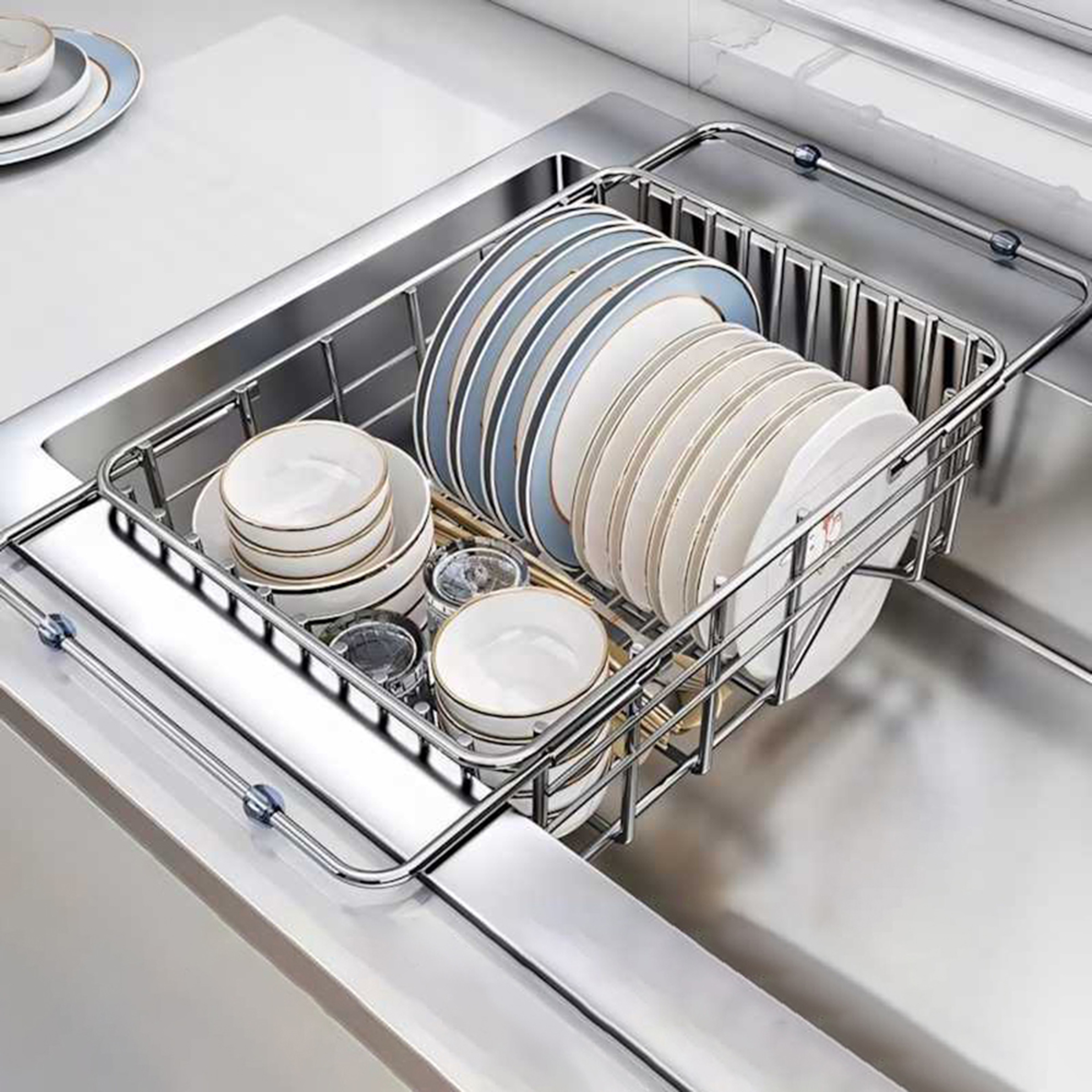 Stainless Steel Telescopic Sink Drain Rack NonSlip Dish Drying Kitchen Bathroom Countertop Organize 4