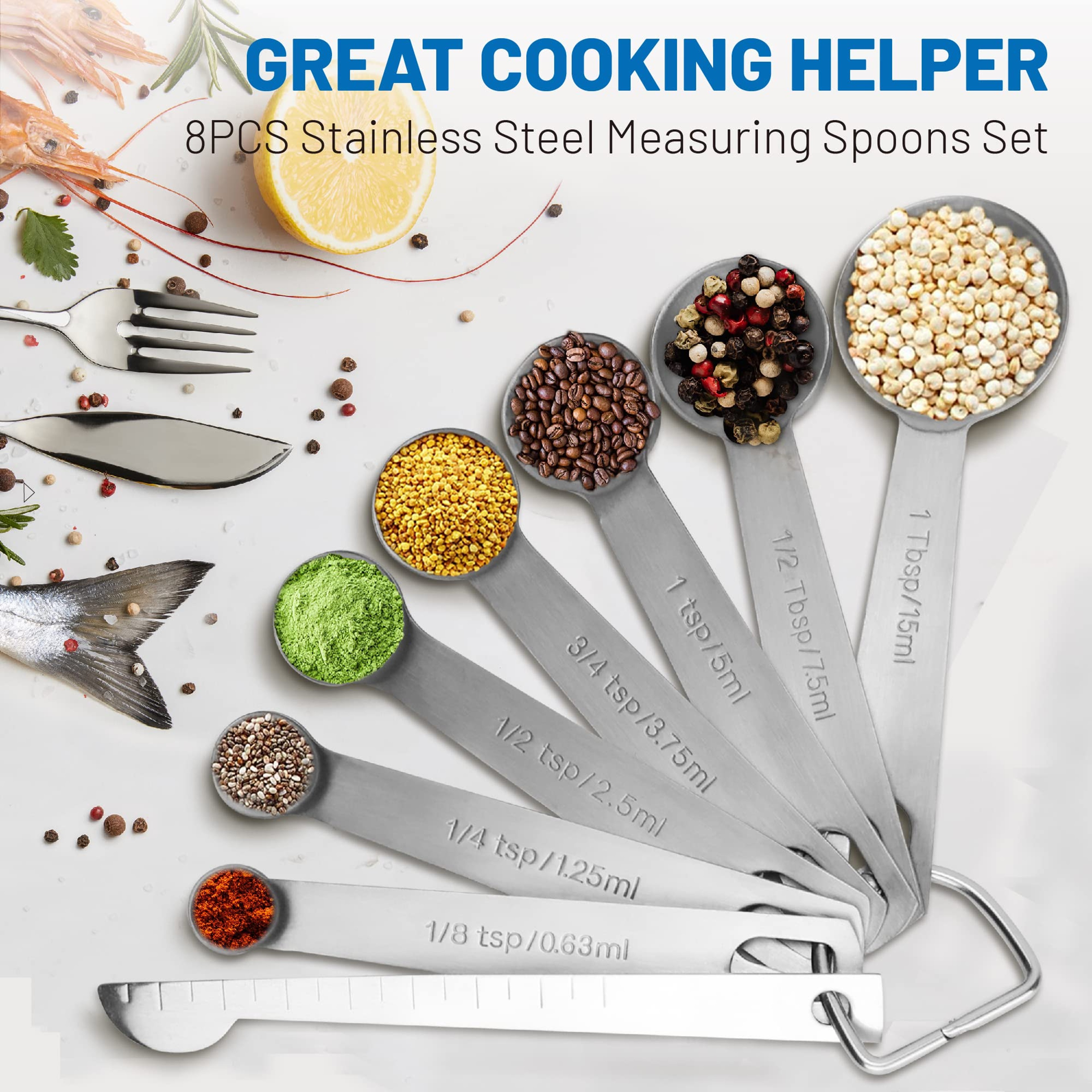 Premium Stainless Steel Measuring Spoons Set of 8 with Engraved Sizes for Baking & Cooking – view 2