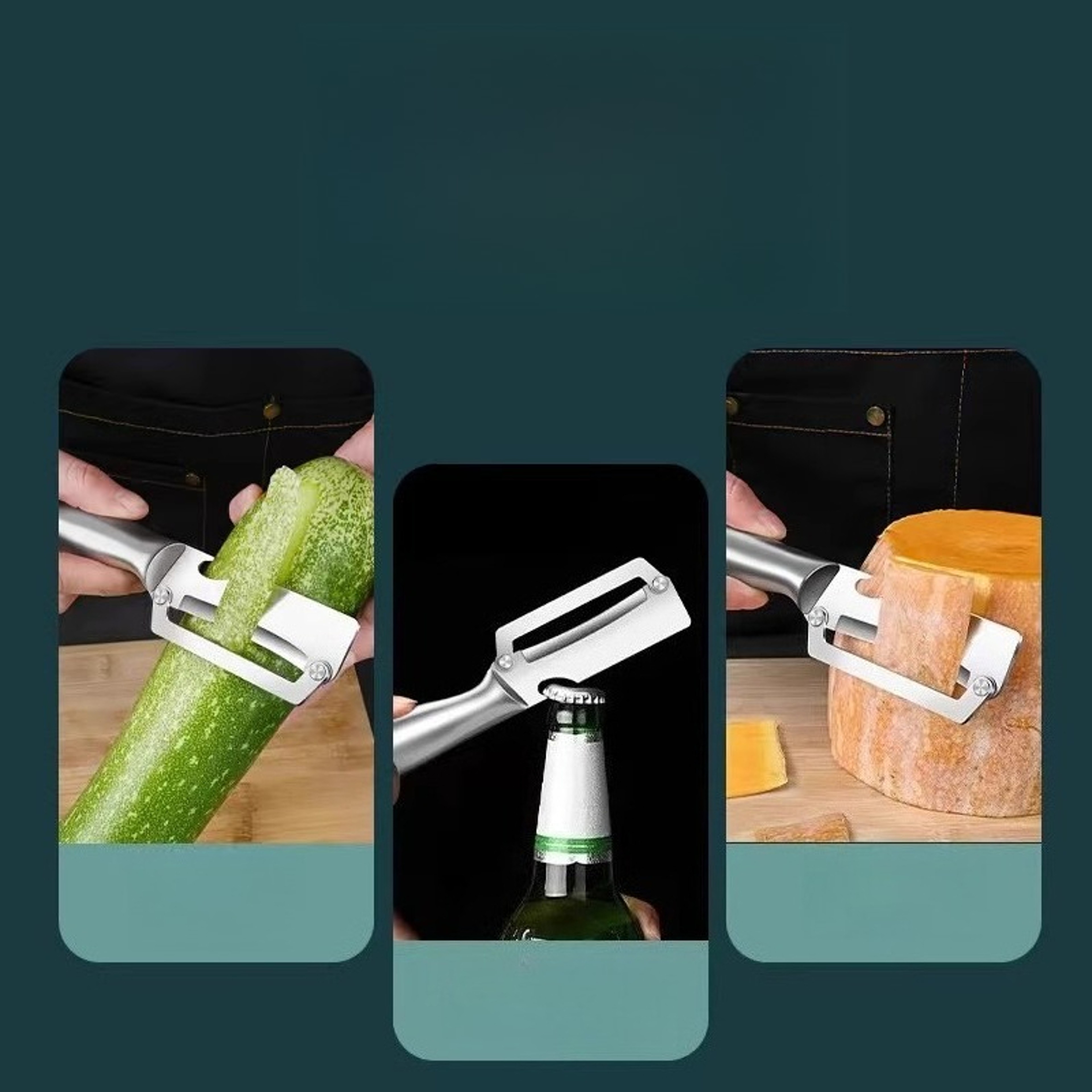 Premium 2 in 1 Stainless Steel Kitchen Prep Tool Fruit Peeler & Wine Opener with Built In Garlic Press – view 4