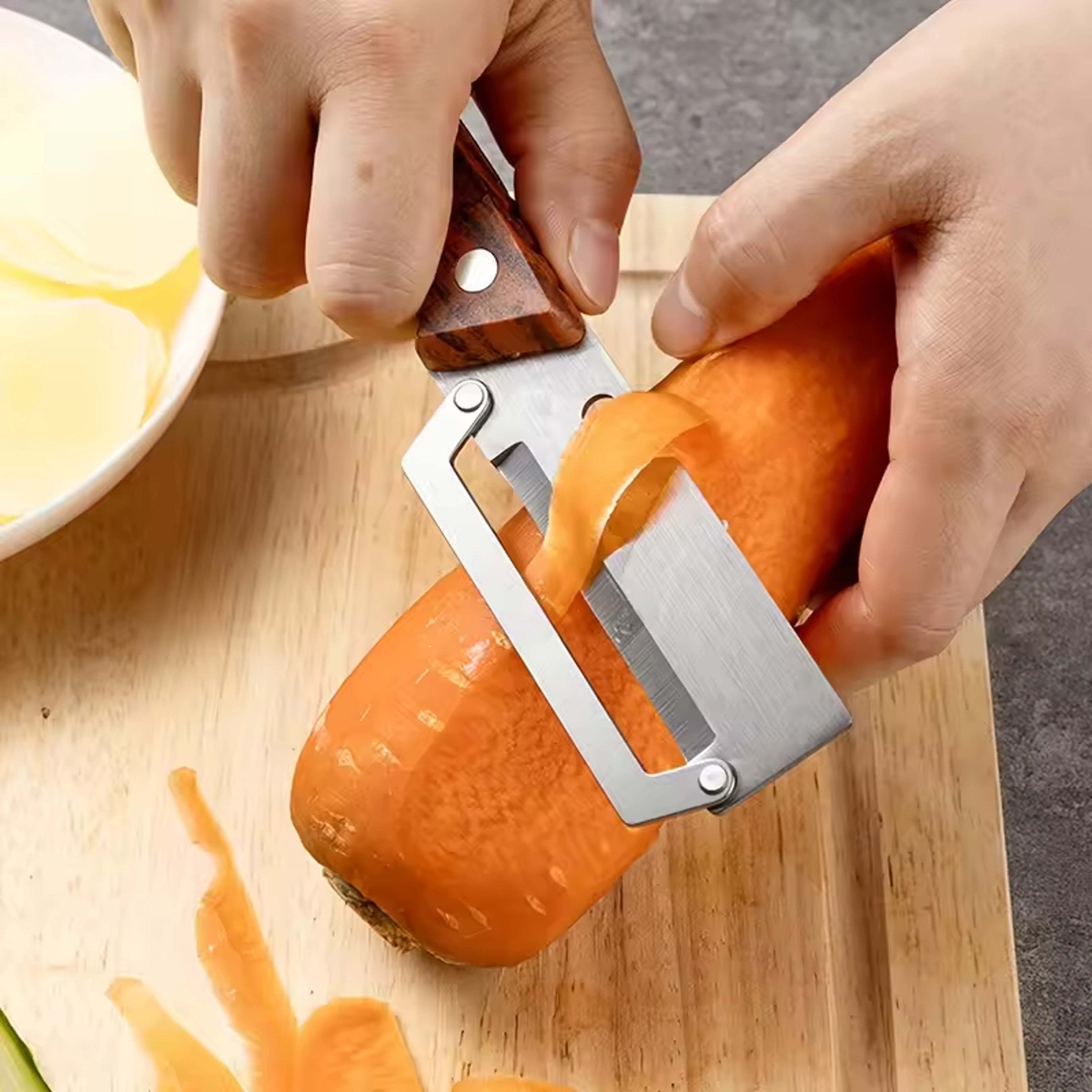 Dual Edge Stainless Steel Fruit & Vegetable Peeler Slicer with Wooden Handle – view 5