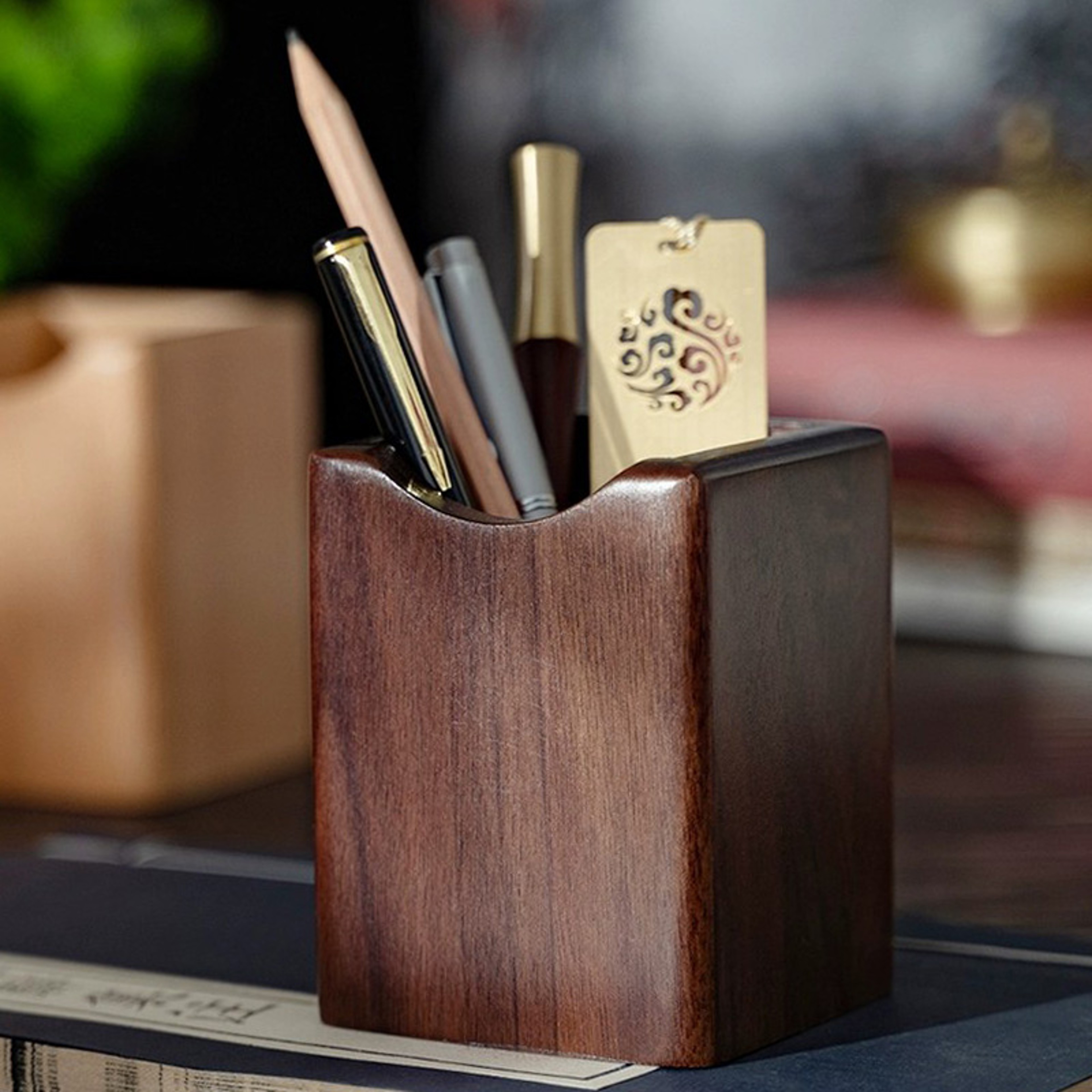 Natural Walnut Pen Holder, Wooden Ink Pen Storage Case for Desk, Writing Stationary Organizer, Office School Supplies – view 1
