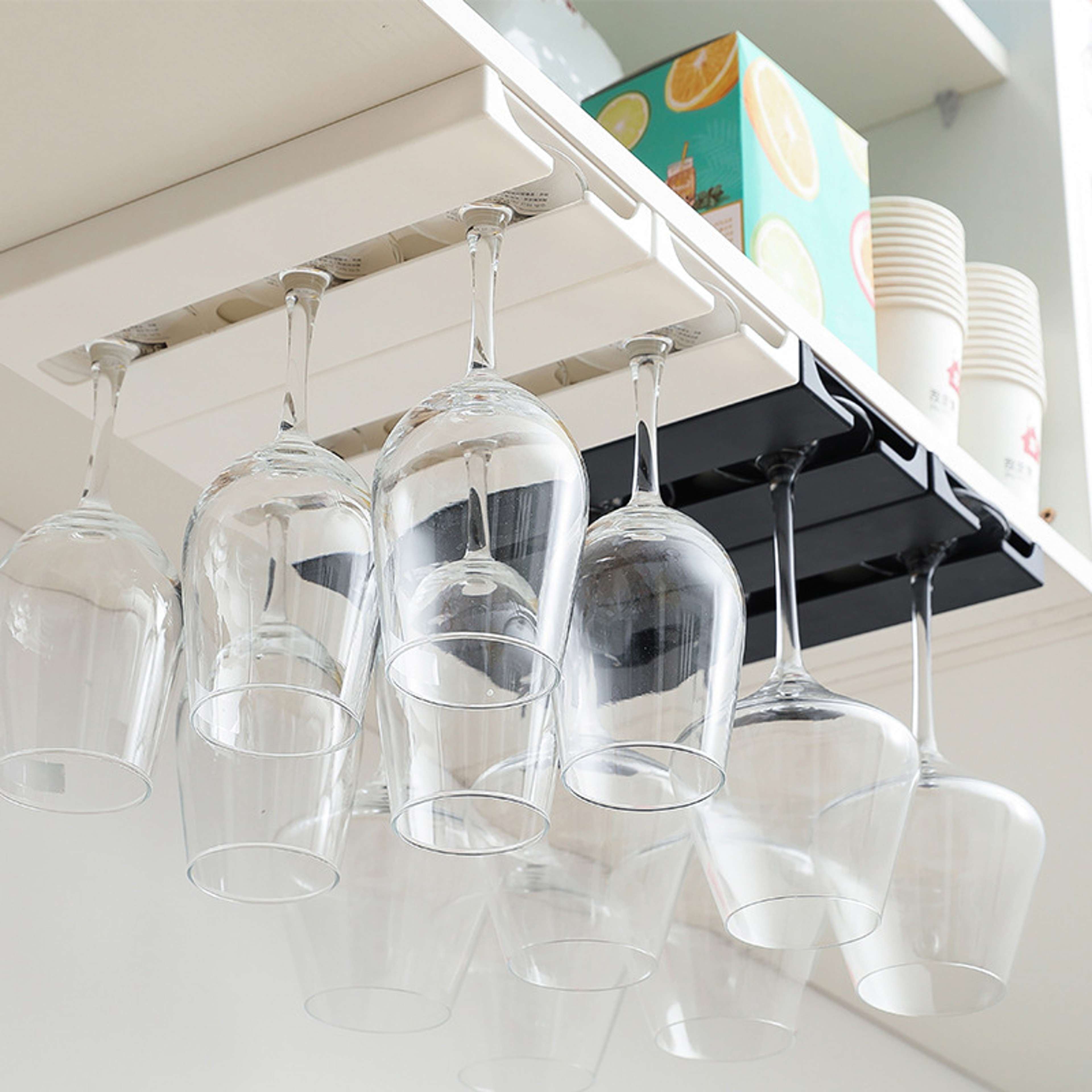 Under Cabinet Wine Glass Rack, No Drill Stemware Holder for Kitchen, Hanging Goblet, Cup Organizer with Punch – view 3