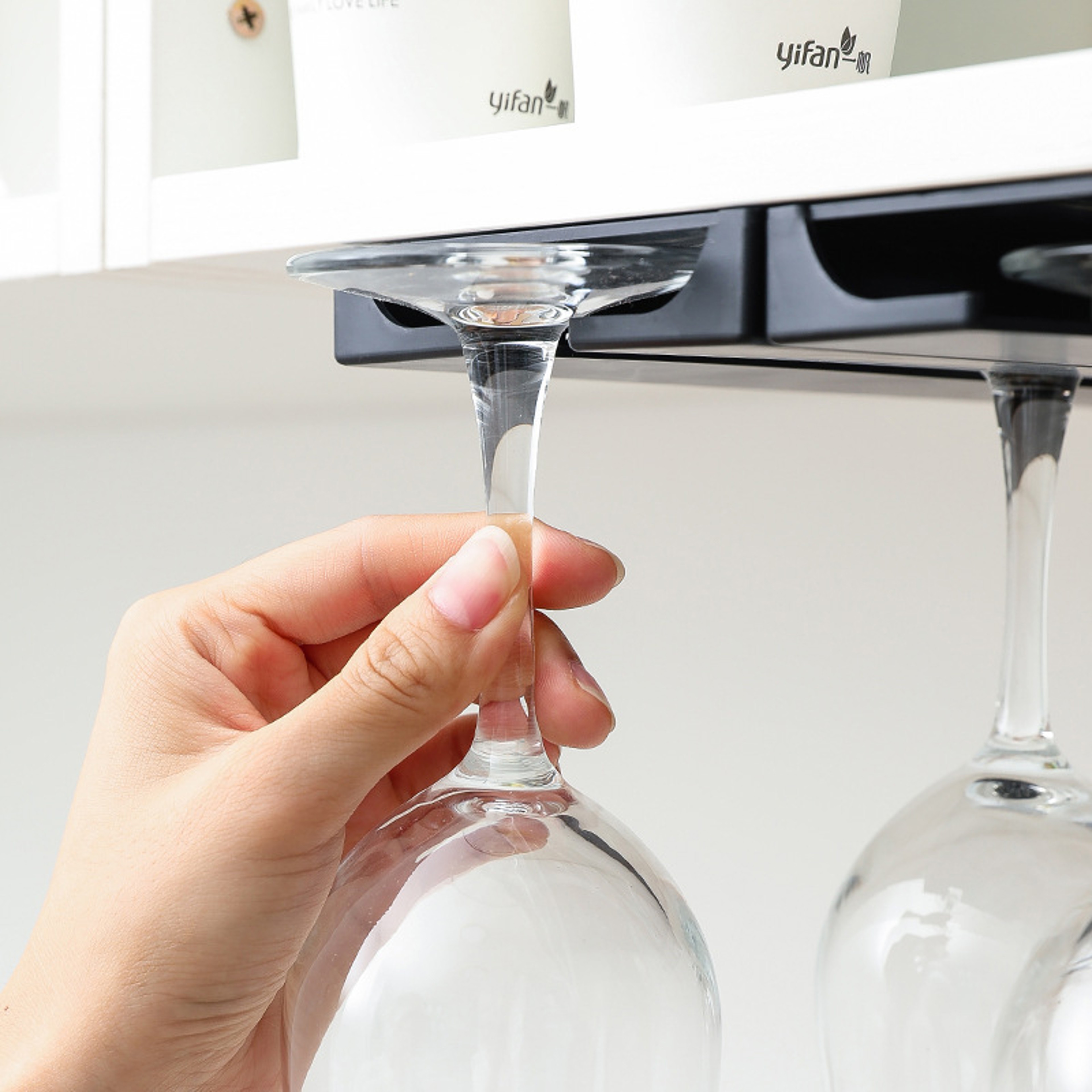 Under Cabinet Wine Glass Rack, No Drill Stemware Holder for Kitchen, Hanging Goblet, Cup Organizer with Punch – view 4