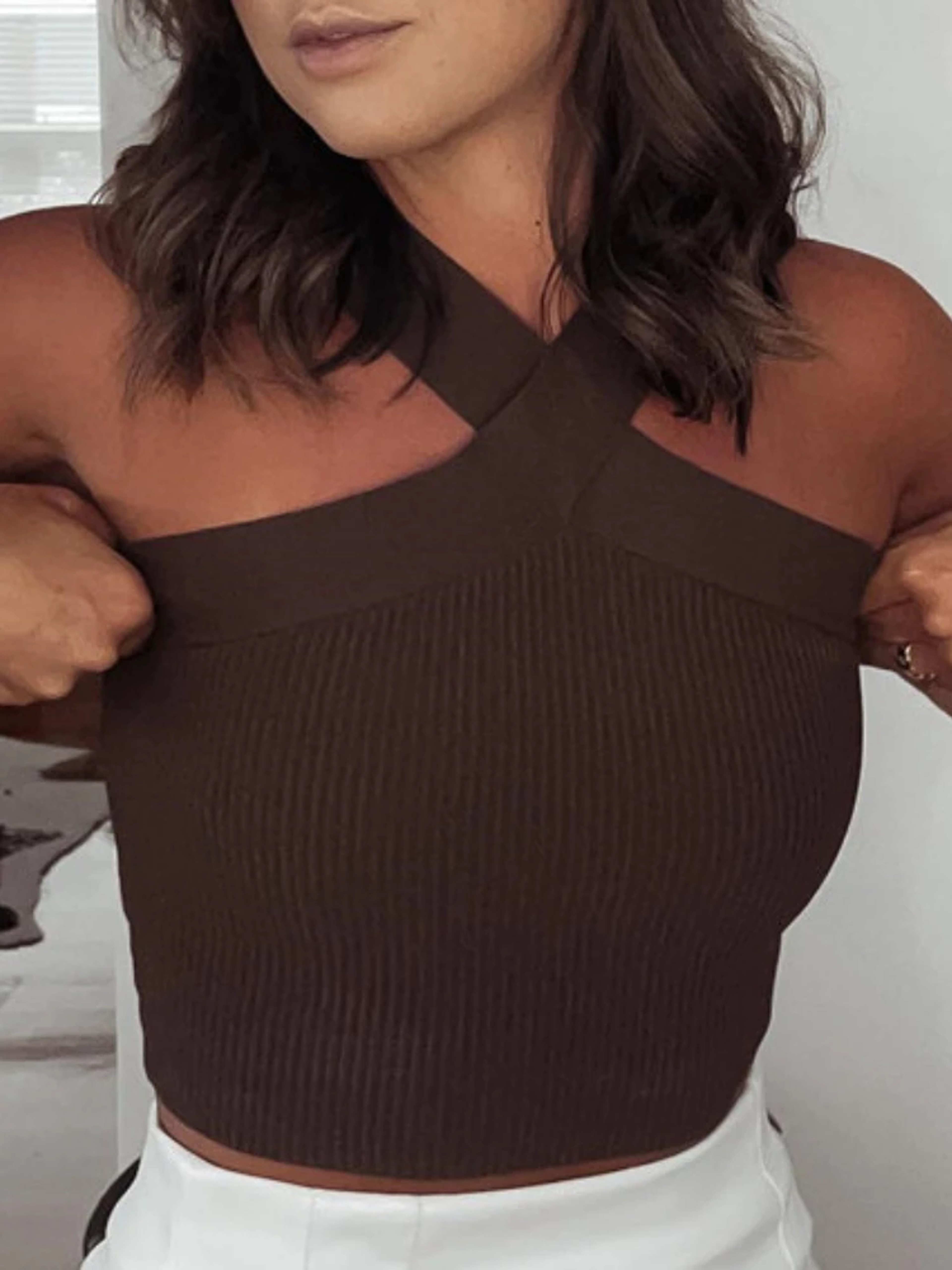 Sexy Women Knitted Tank Tops, Summer Slim Off Shoulder Cropped Solid Halter Base Vest Black for Women – view 4