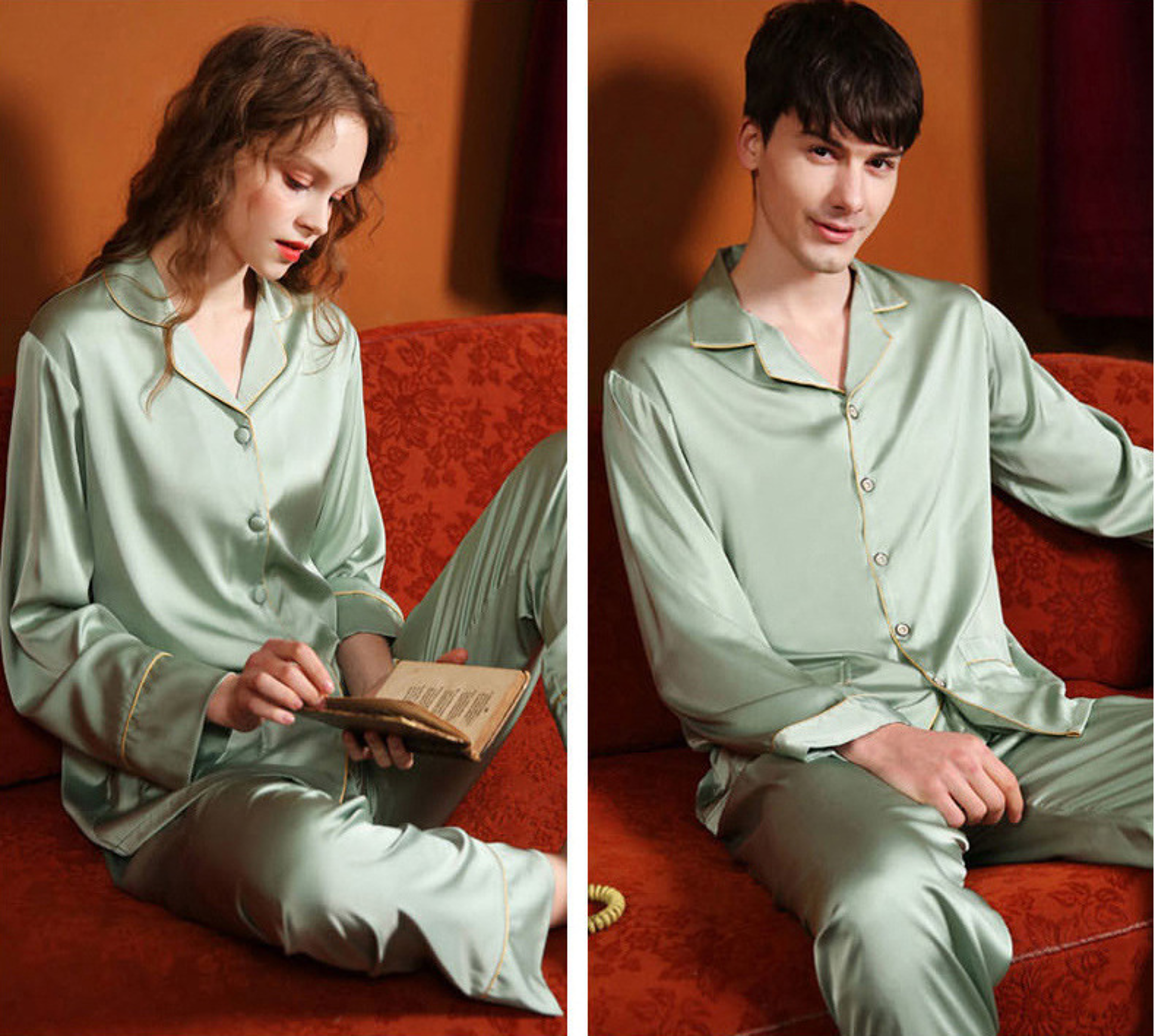 High Quality Couple Pajamas Women Ice Silk Loungewear Men Satin Sleepwear Set Classic Autumn Summer 10