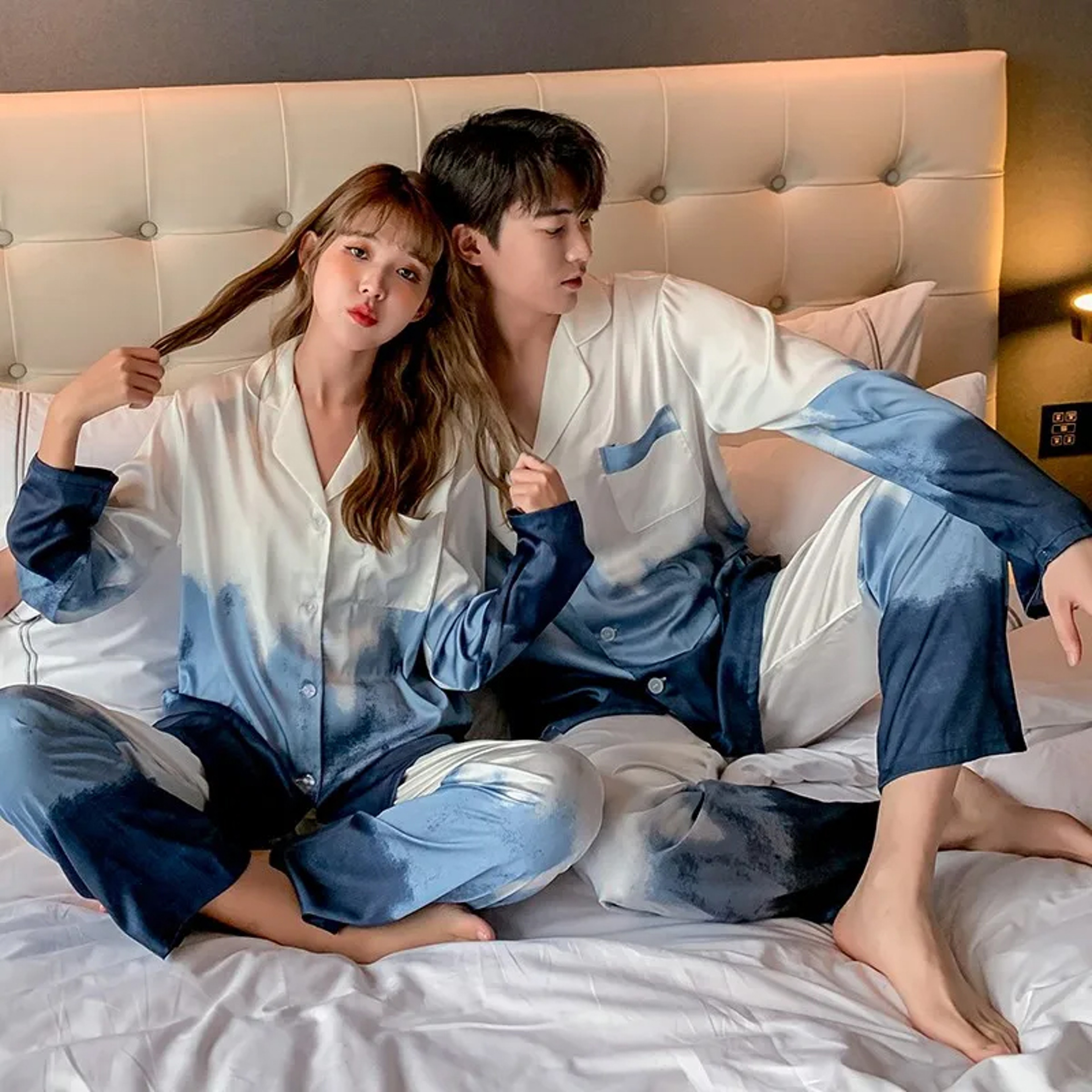 Long Sleeved Satin Pajamas Set For Couples Ice Silk Sleepwear Button Shirt Trousers Suit 1