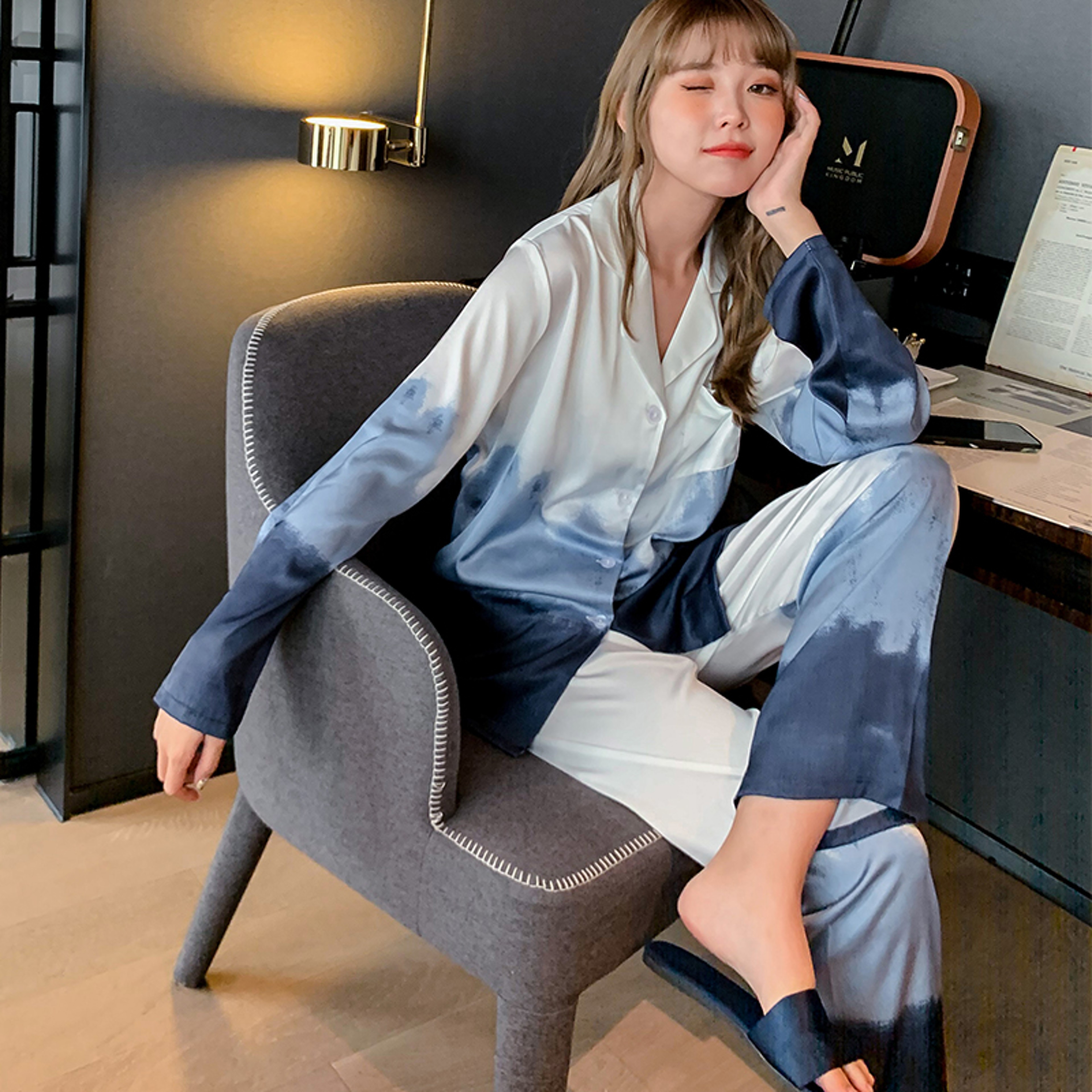 Long Sleeved Satin Pajamas Set For Couples Ice Silk Sleepwear Button Shirt Trousers Suit 4