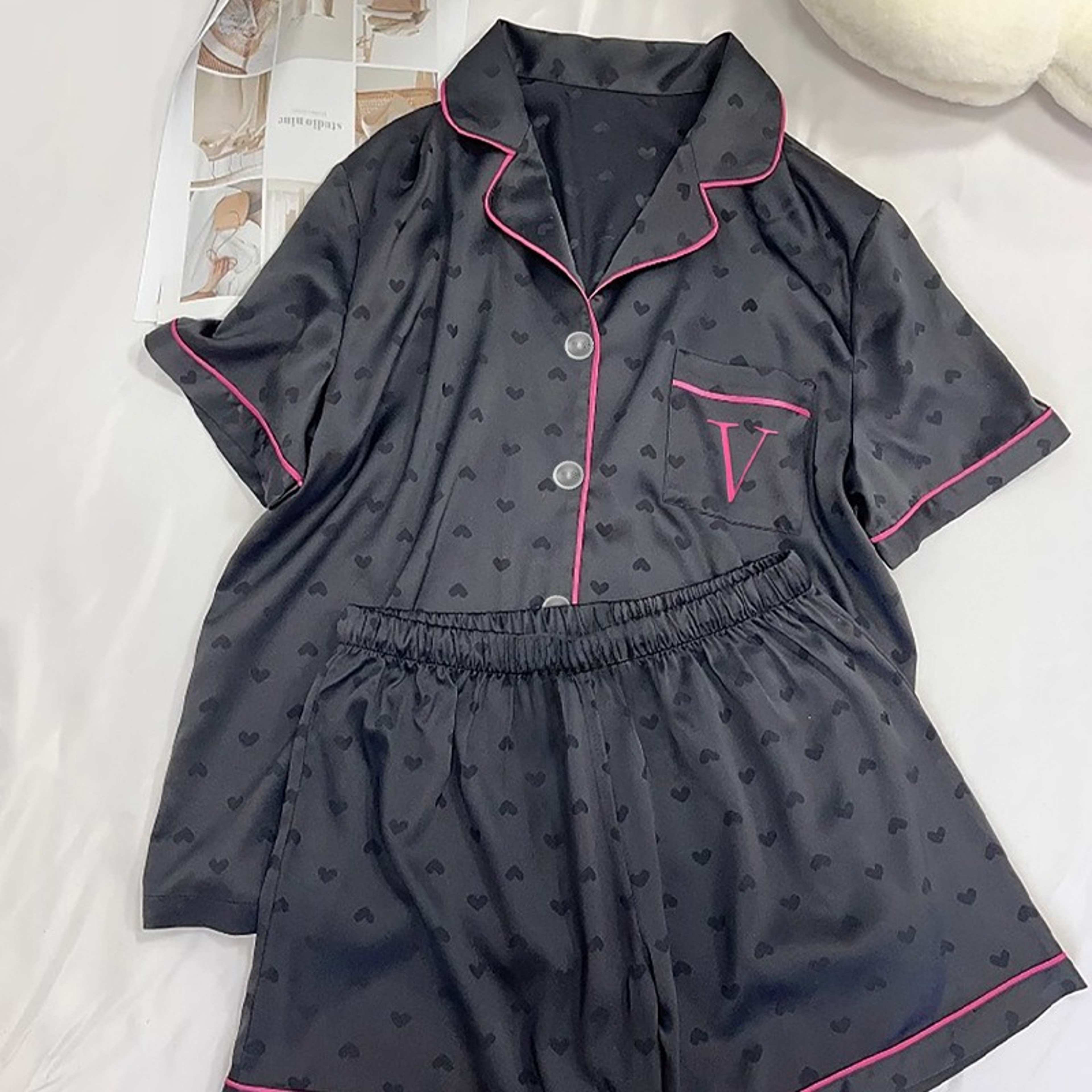 Womens Silk Satin Pajamas Set Summer Button Down Top Shorts Sexy Heart Print Sleepwear Loungewear F 1