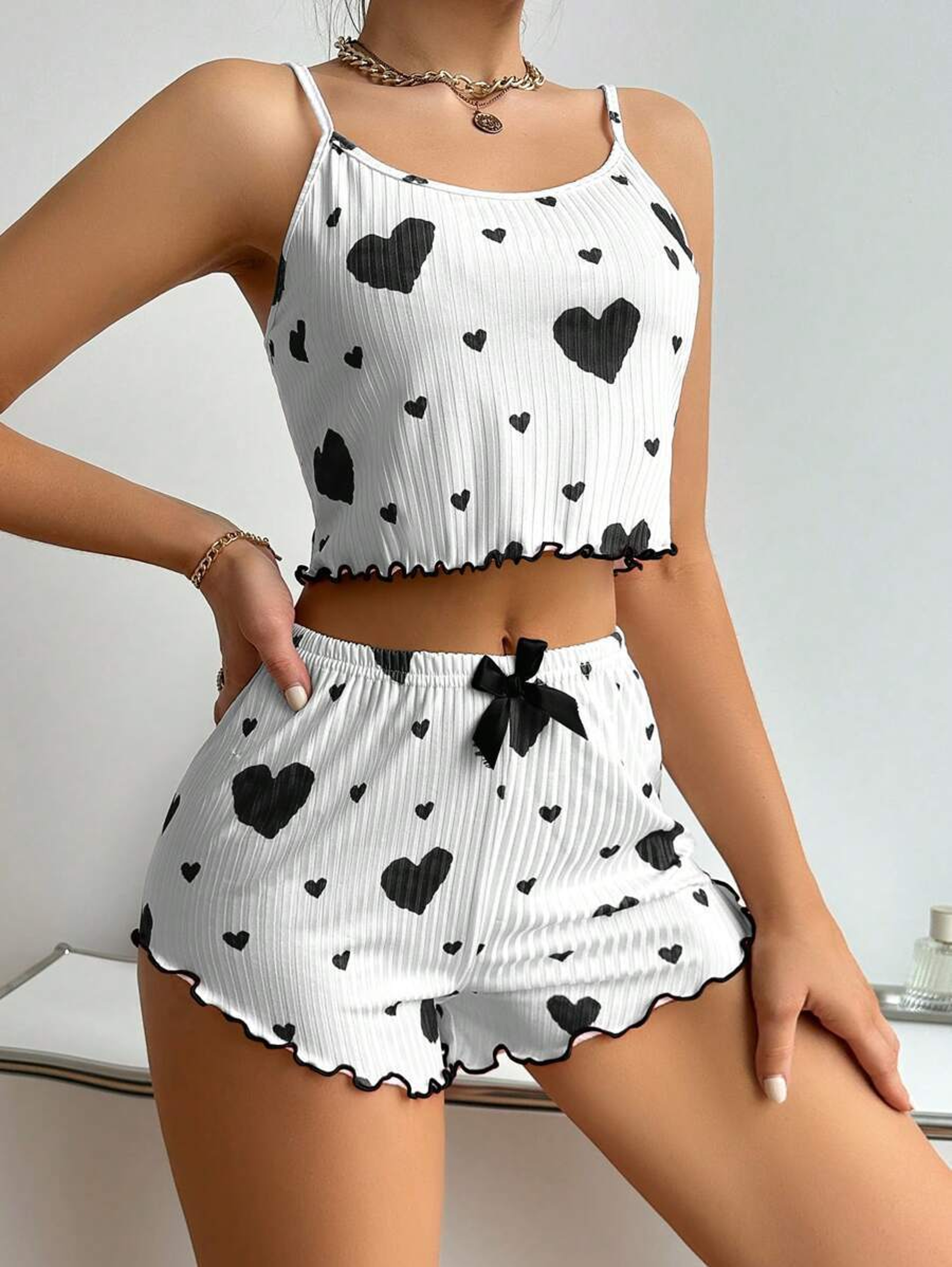 Heart Silk Pajama Set for Women Cute Lolita Sleepwear & Lounge Shorts – view 8