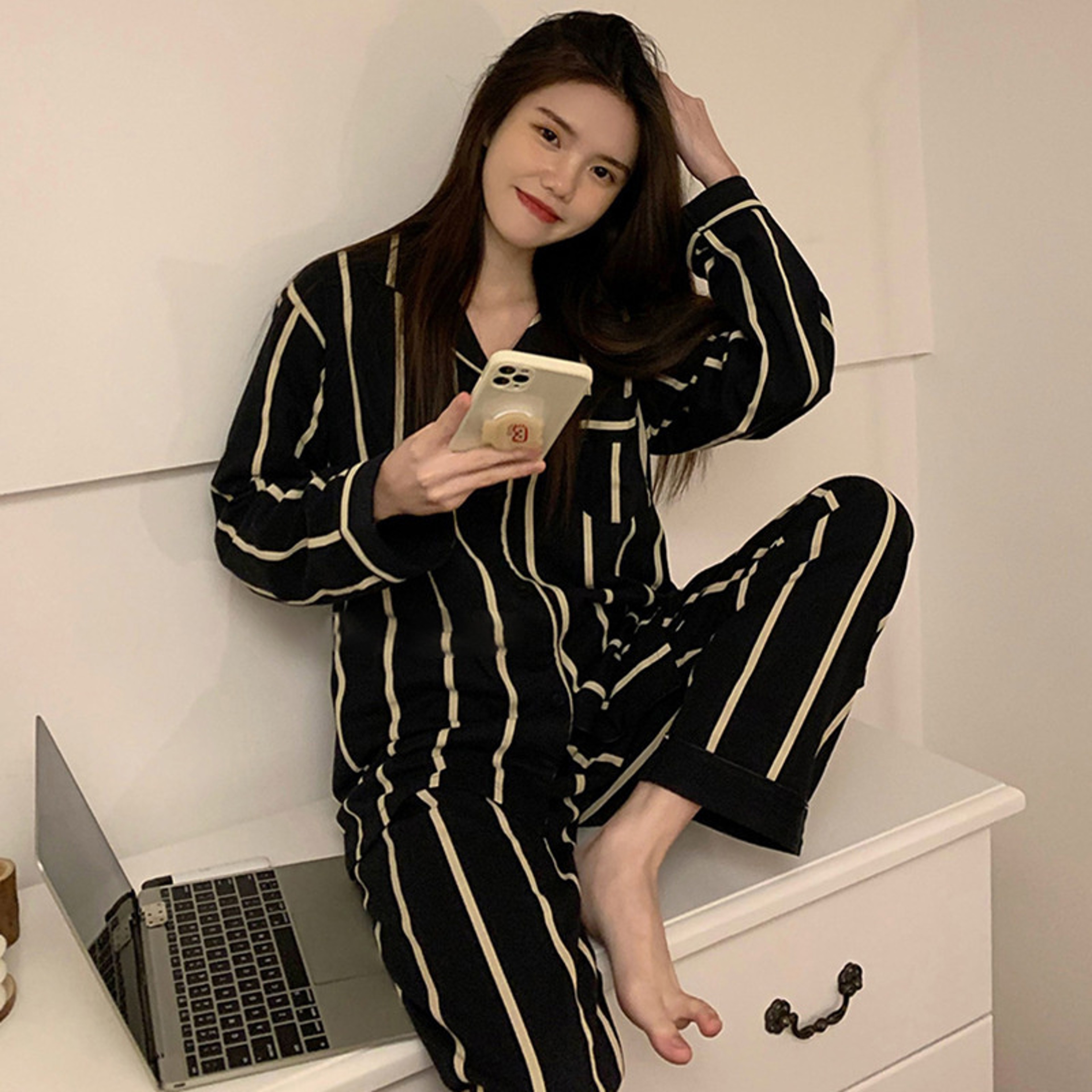 Light Luxury Ice Silk Pajamas, Womens Pajama Set, Black Vertical Stripes, Long Sleeve, Spring Autumn Nightwear Set – view 2