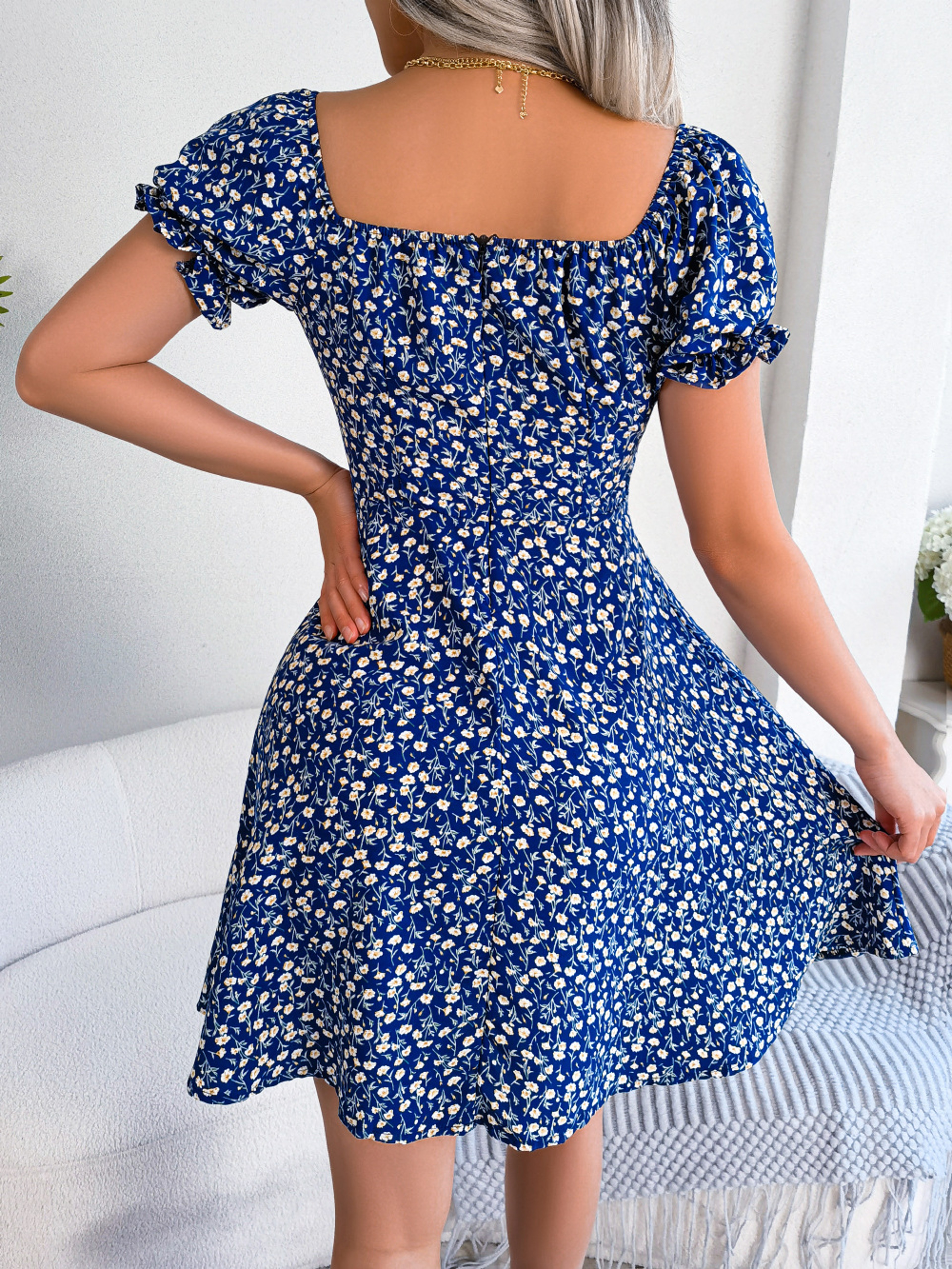 Women Casual Flare Sleeves Drawstring Lace Up Spring Summer Square Collar Floral Ruffles Mini Dress, A Line Dress – view 2