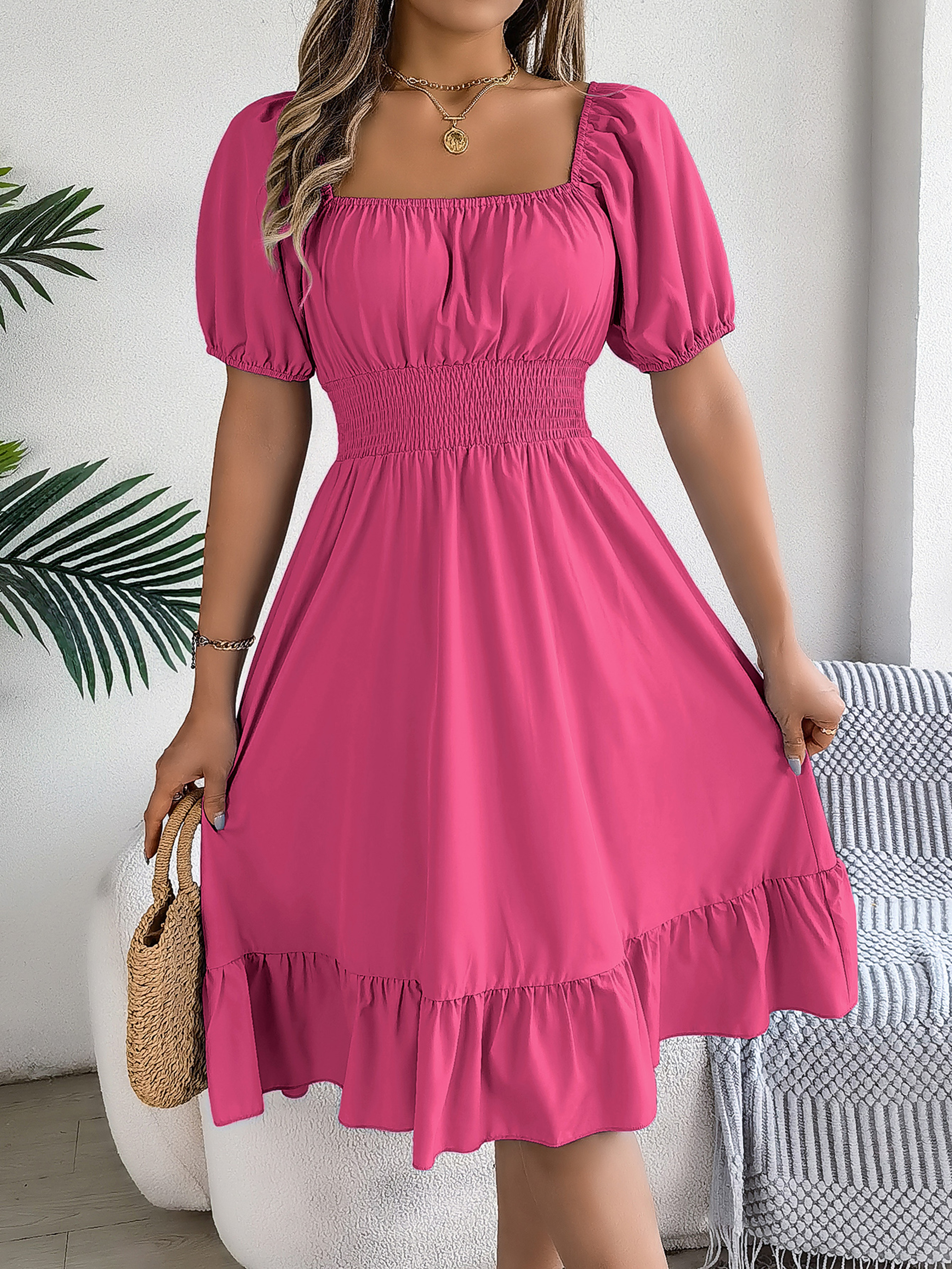 Short Sleeved Ruffled Edge Long Dresses, Waisted Dress Square Neck for Women – view 1
