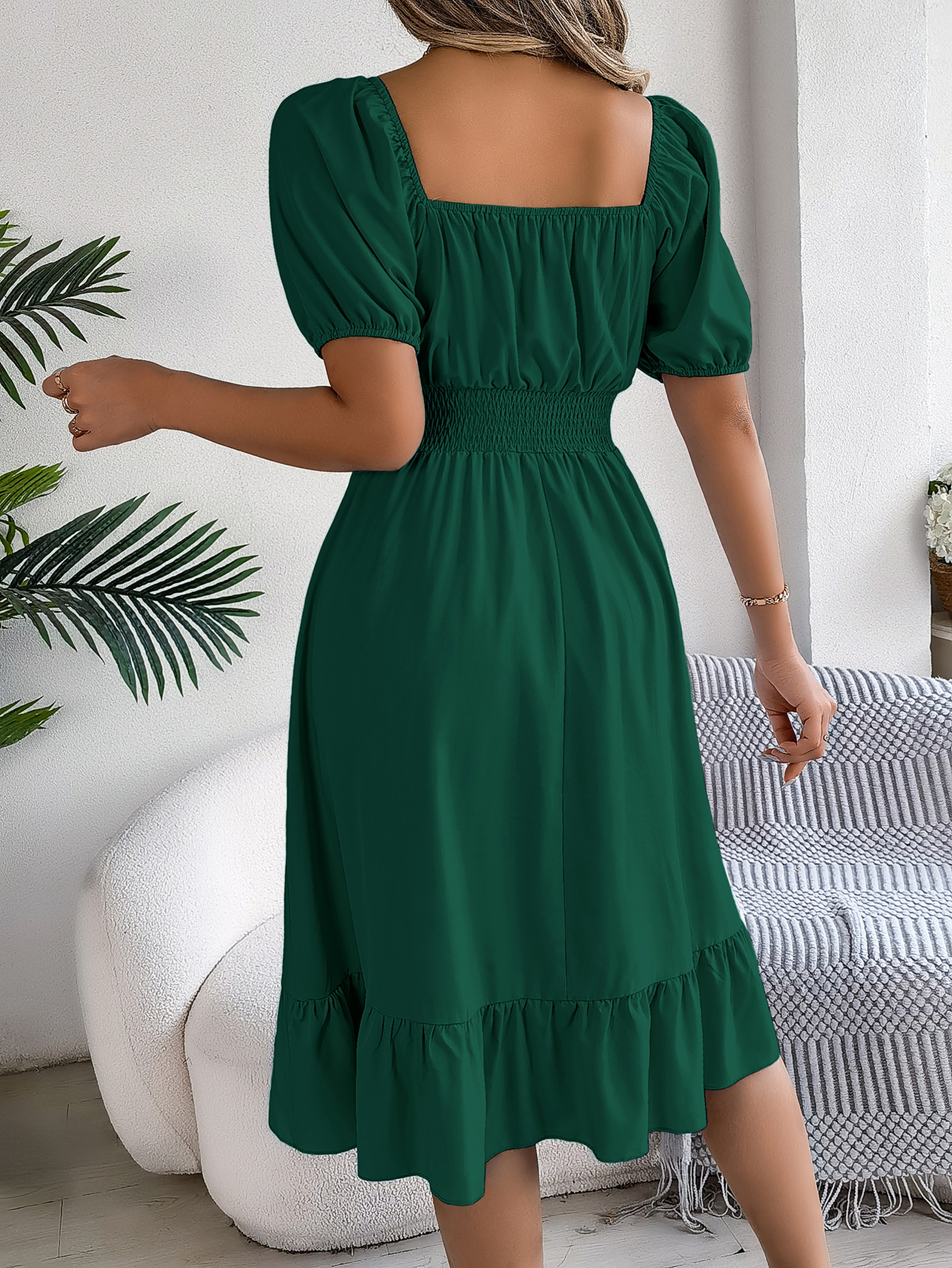 Short Sleeved Ruffled Edge Long Dresses, Waisted Dress Square Neck for Women – view 2