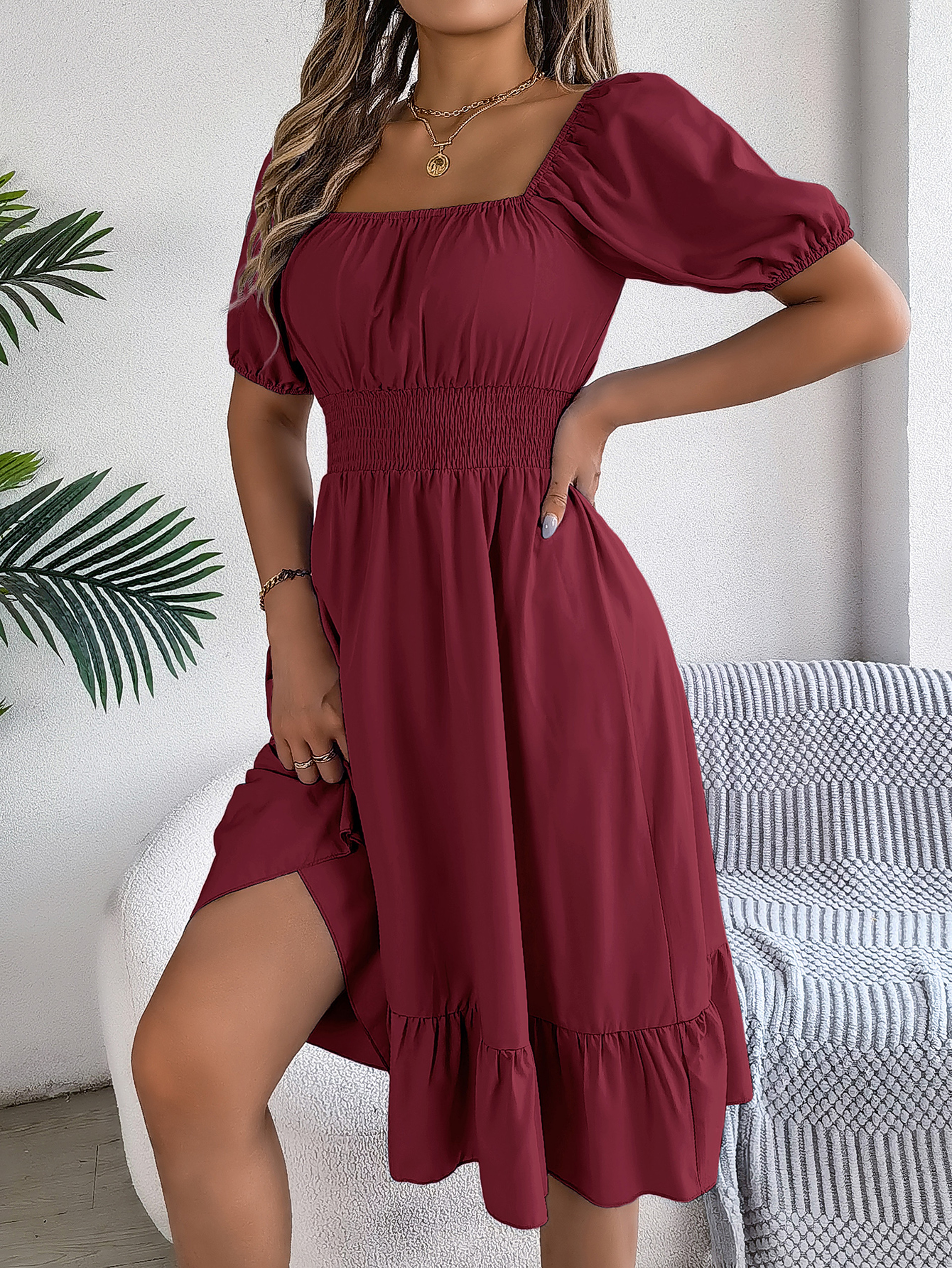 Short Sleeved Ruffled Edge Long Dresses, Waisted Dress Square Neck for Women – view 3