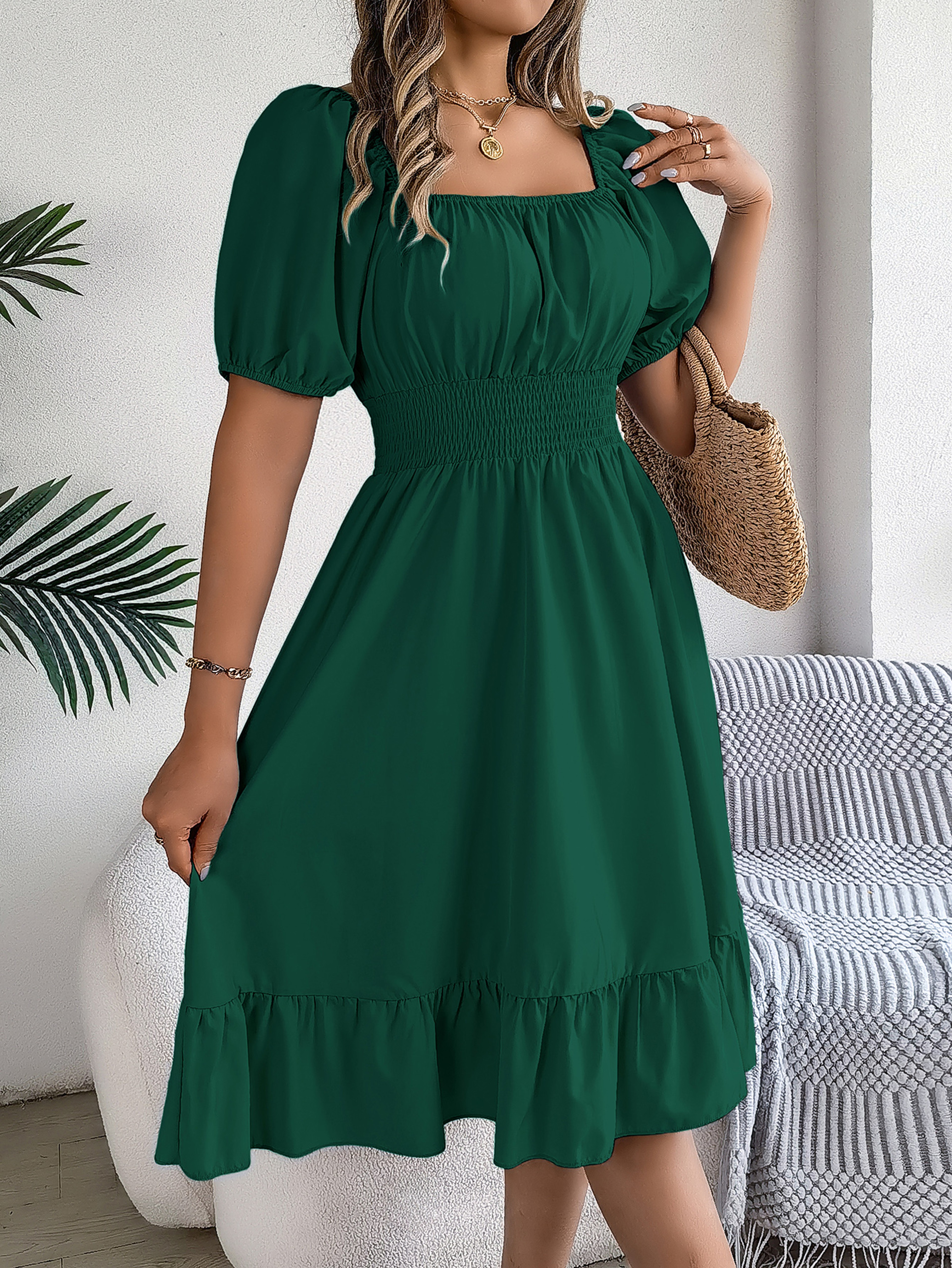 Short Sleeved Ruffled Edge Long Dresses, Waisted Dress Square Neck for Women – view 7