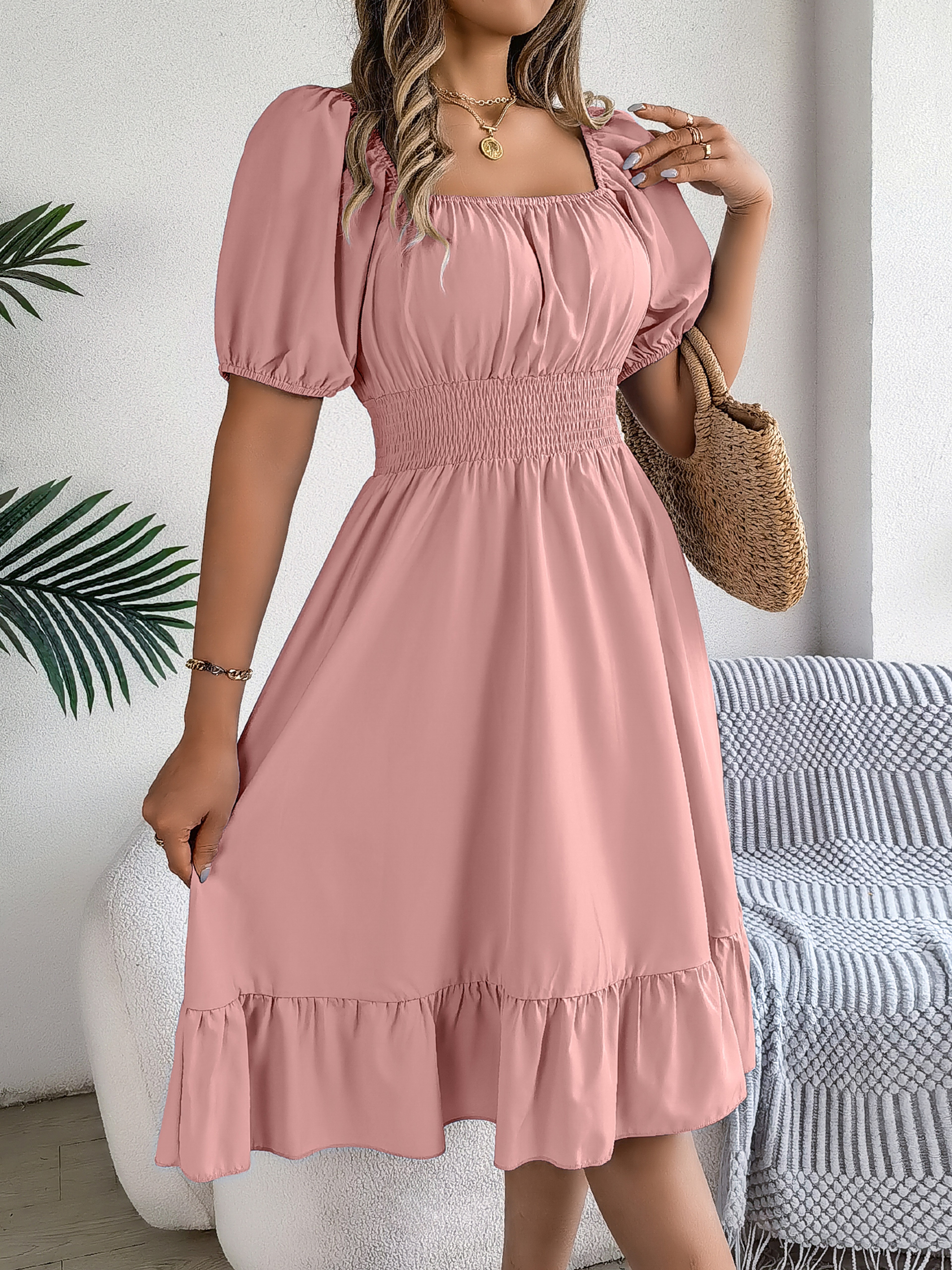Short Sleeved Ruffled Edge Long Dresses, Waisted Dress Square Neck for Women – view 10