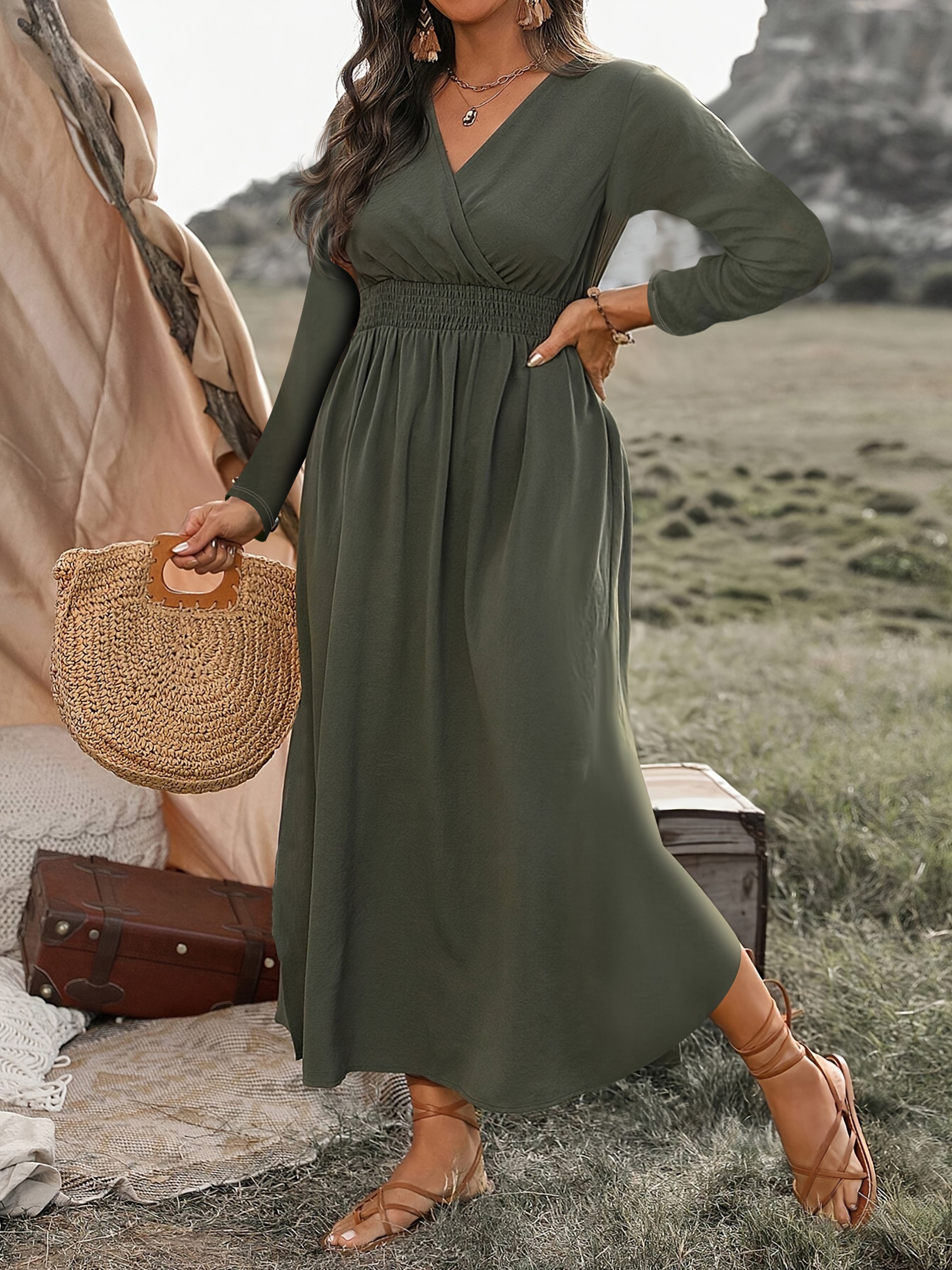 Fashion V-Neck Plus Size Tunic Long Sleeve Dress for Autumn – view 8