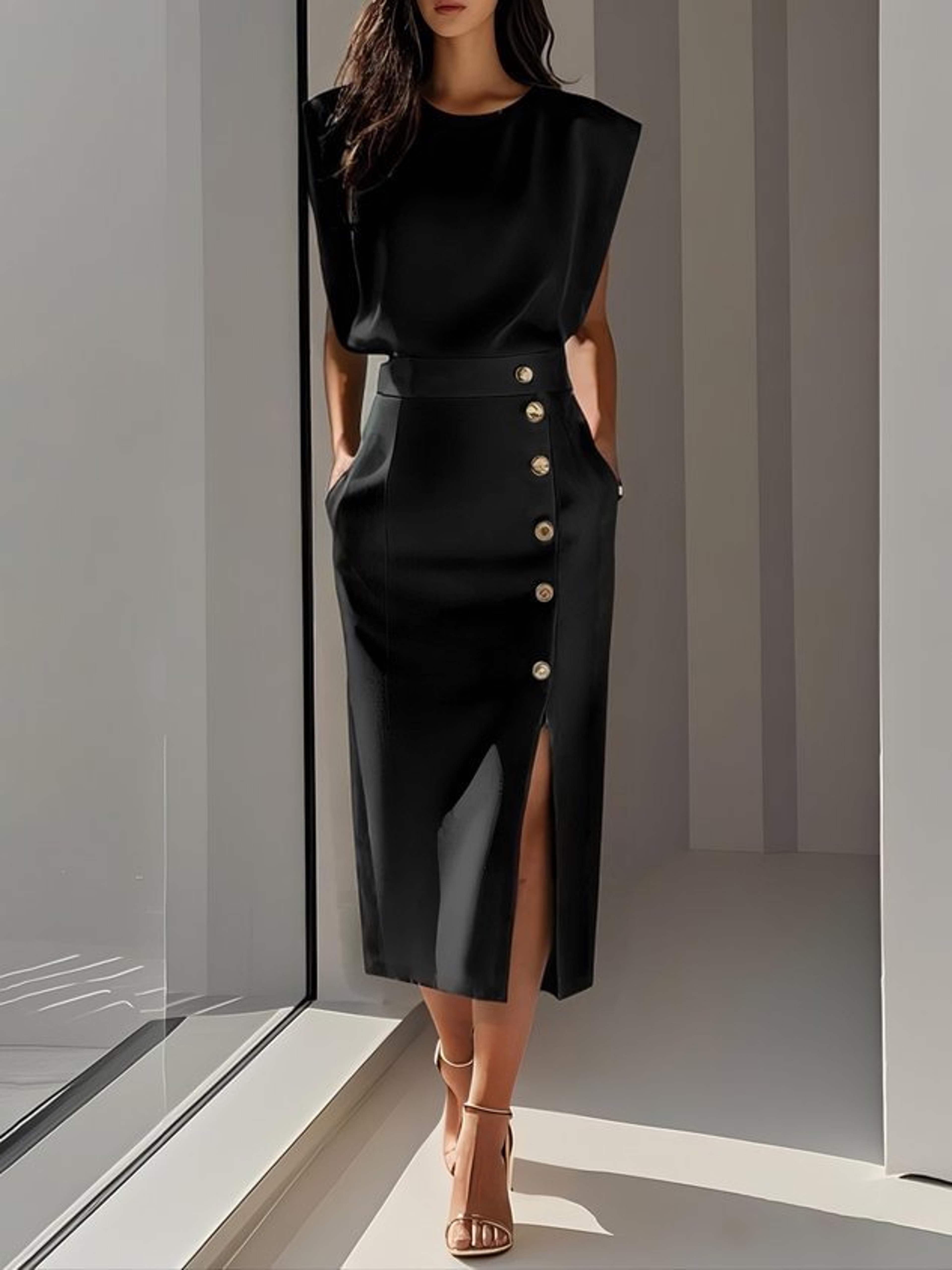 Fashion Women's Tank Dress, Elegant Single Breasted Midi Dress, Casual Trendy Solid Pockets Dress for Women – view 6