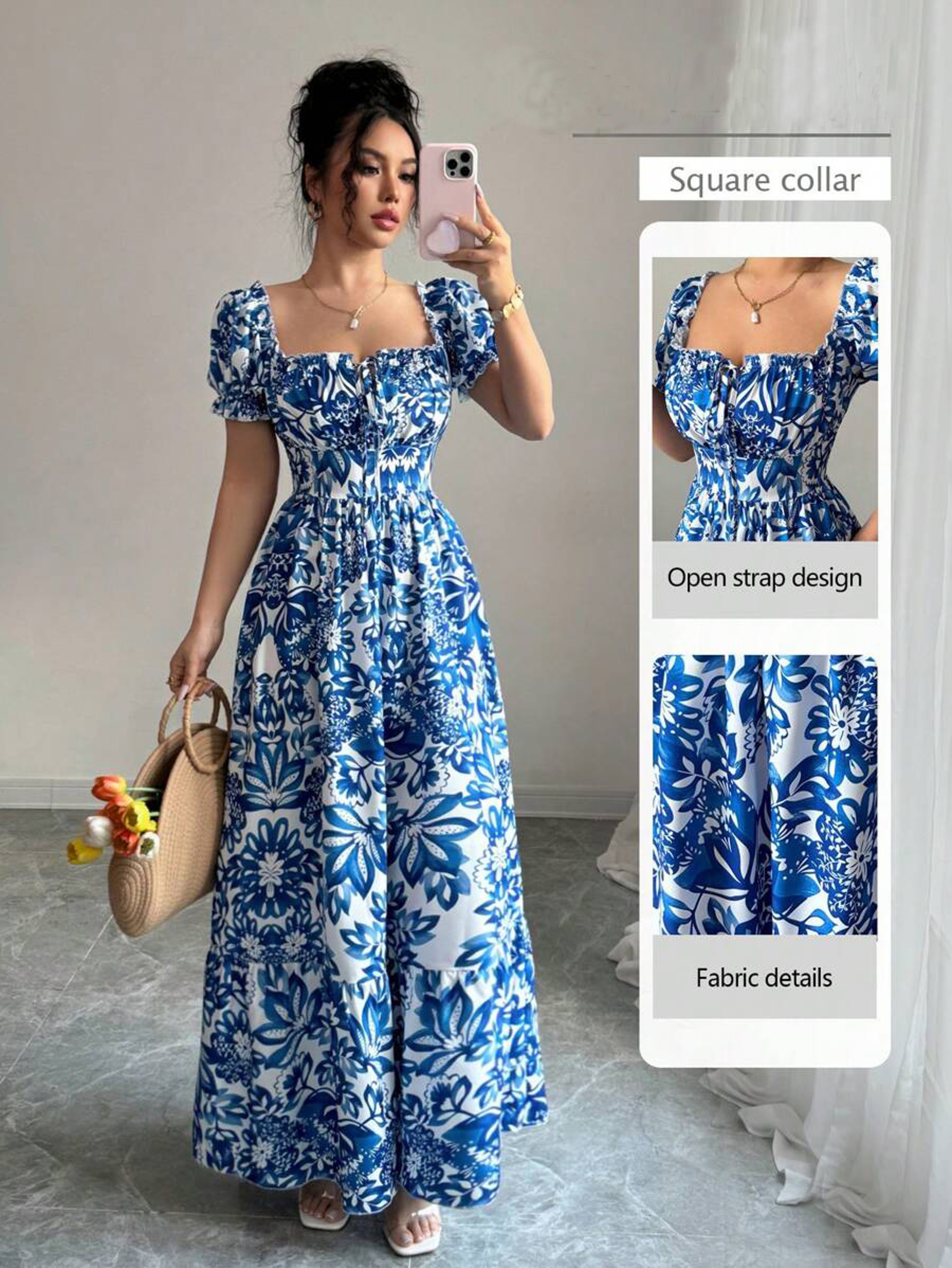 Blue Long Dress, Elegant Women's Floral Print, Front Tie Back Gathered Waist, Bubble Sleeve Dress for Casual Vacation – view 1