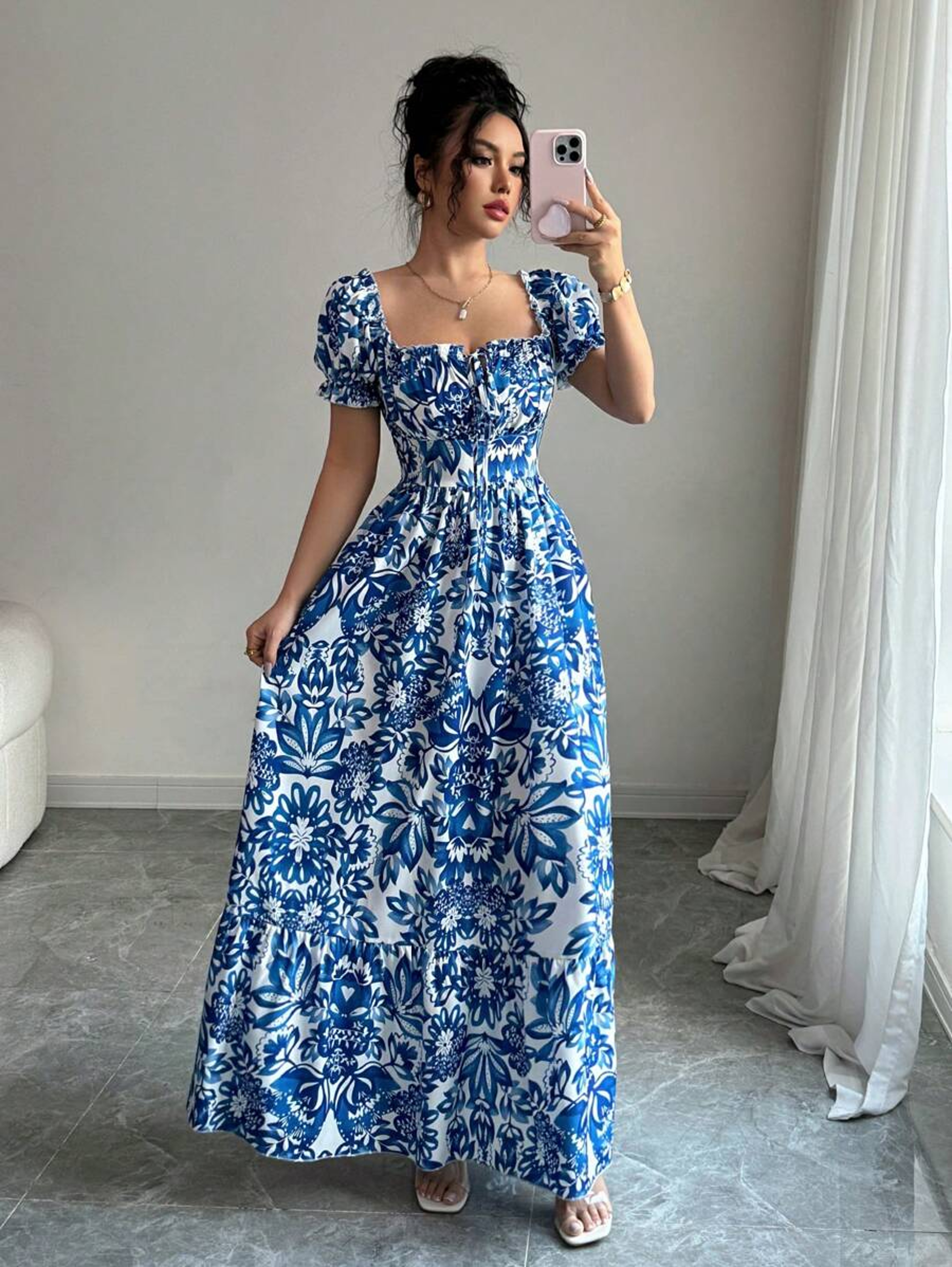 Blue Long Dress, Elegant Women's Floral Print, Front Tie Back Gathered Waist, Bubble Sleeve Dress for Casual Vacation – view 3