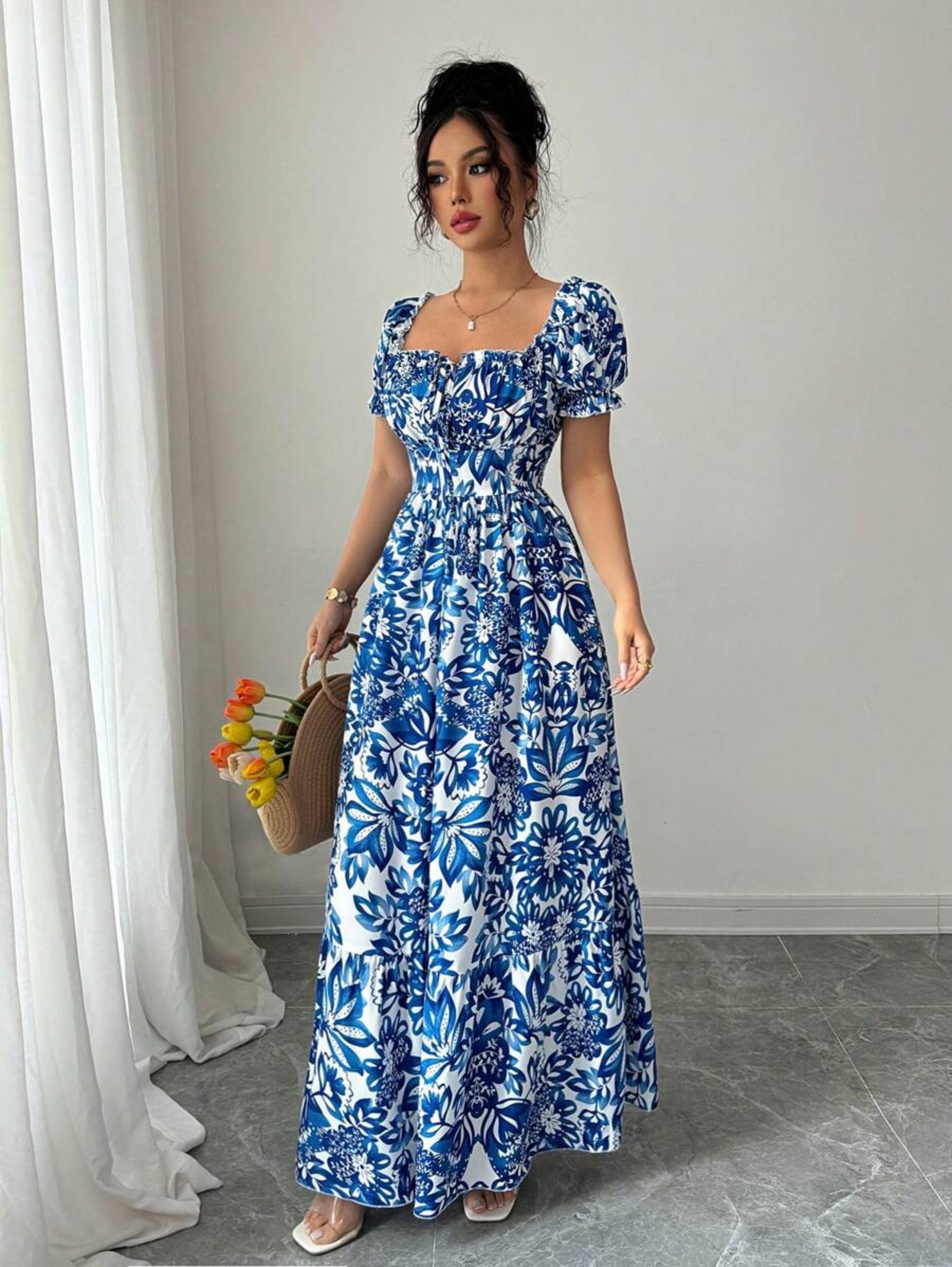 Blue Long Dress, Elegant Women's Floral Print, Front Tie Back Gathered Waist, Bubble Sleeve Dress for Casual Vacation – view 4